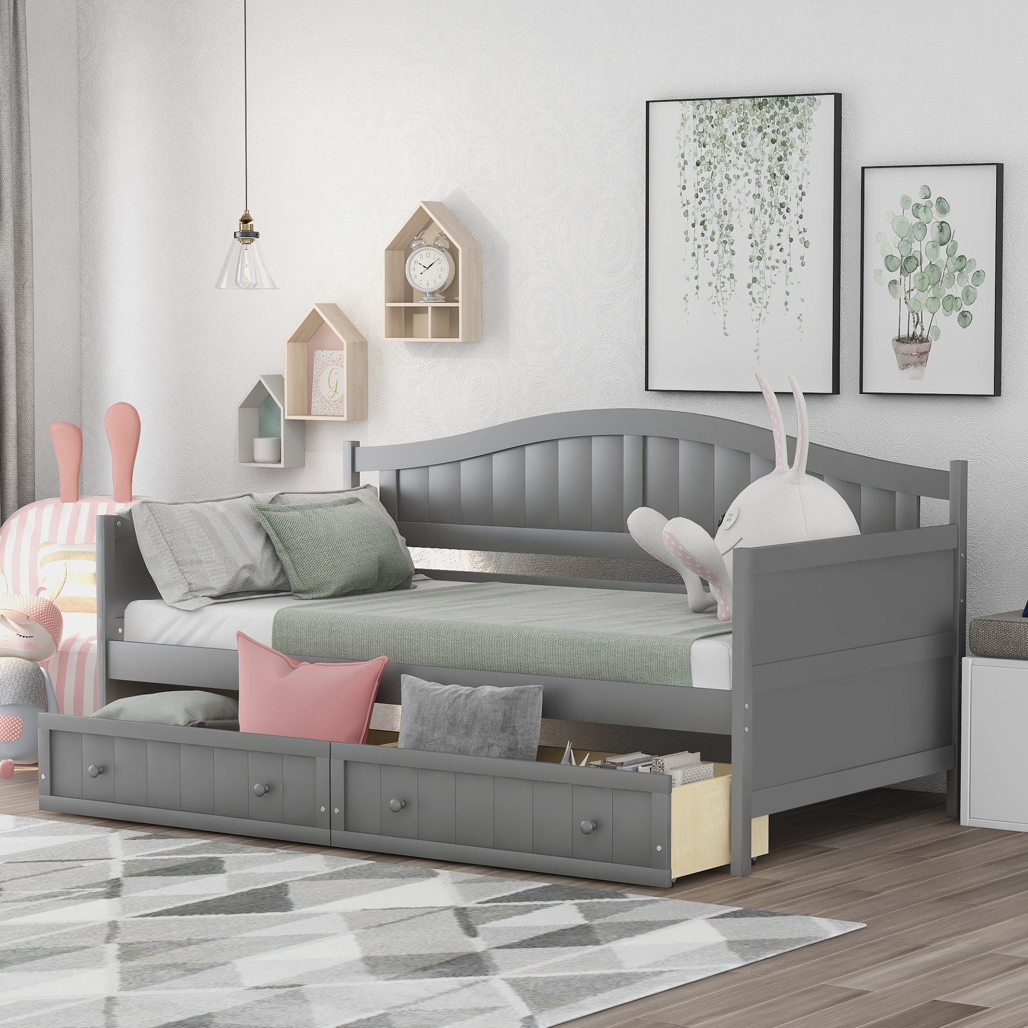 Twin Wooden Daybed with 2 drawers, Sofa Bed for Bedroom Living Room,No Box Spring Needed,Gray-Boyel Living