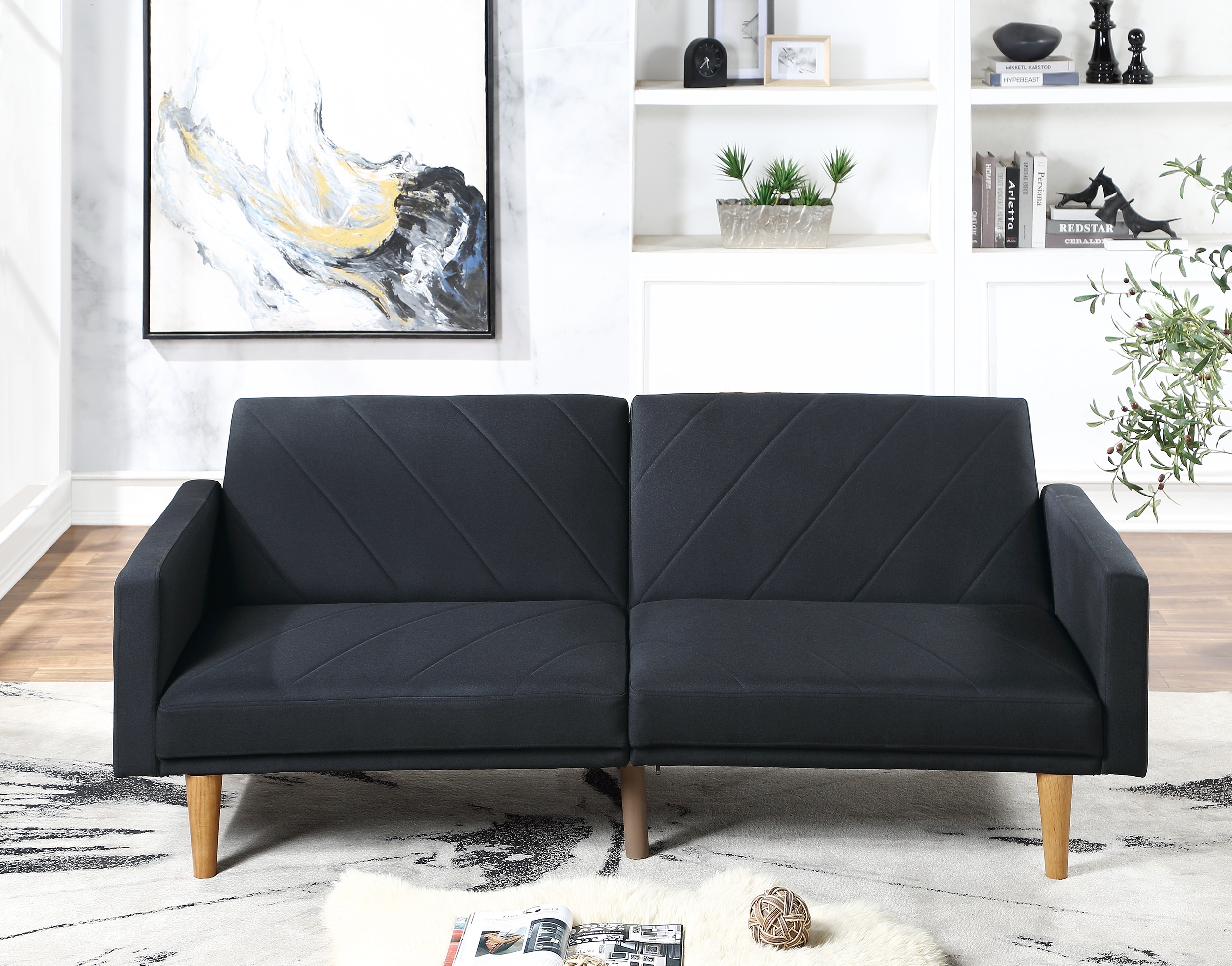 Modern Electric Look 1pc Convertible Sofa Couch Black Linen Like Fabric Cushion Clean Lines Wooden Legs Living Room-Boyel Living