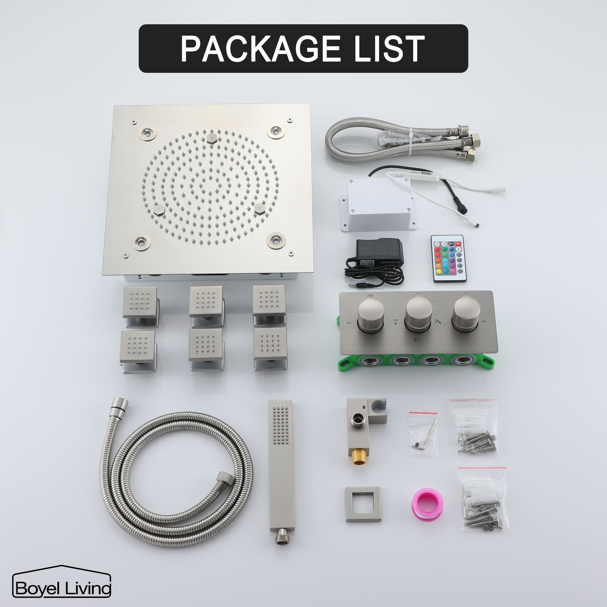 Boyel Living Luxury LED Ceiling Rainfall Shower Head System with Body Jets Bathroom Shower Faucet Complete Set, Flow Adjustable-Boyel Living