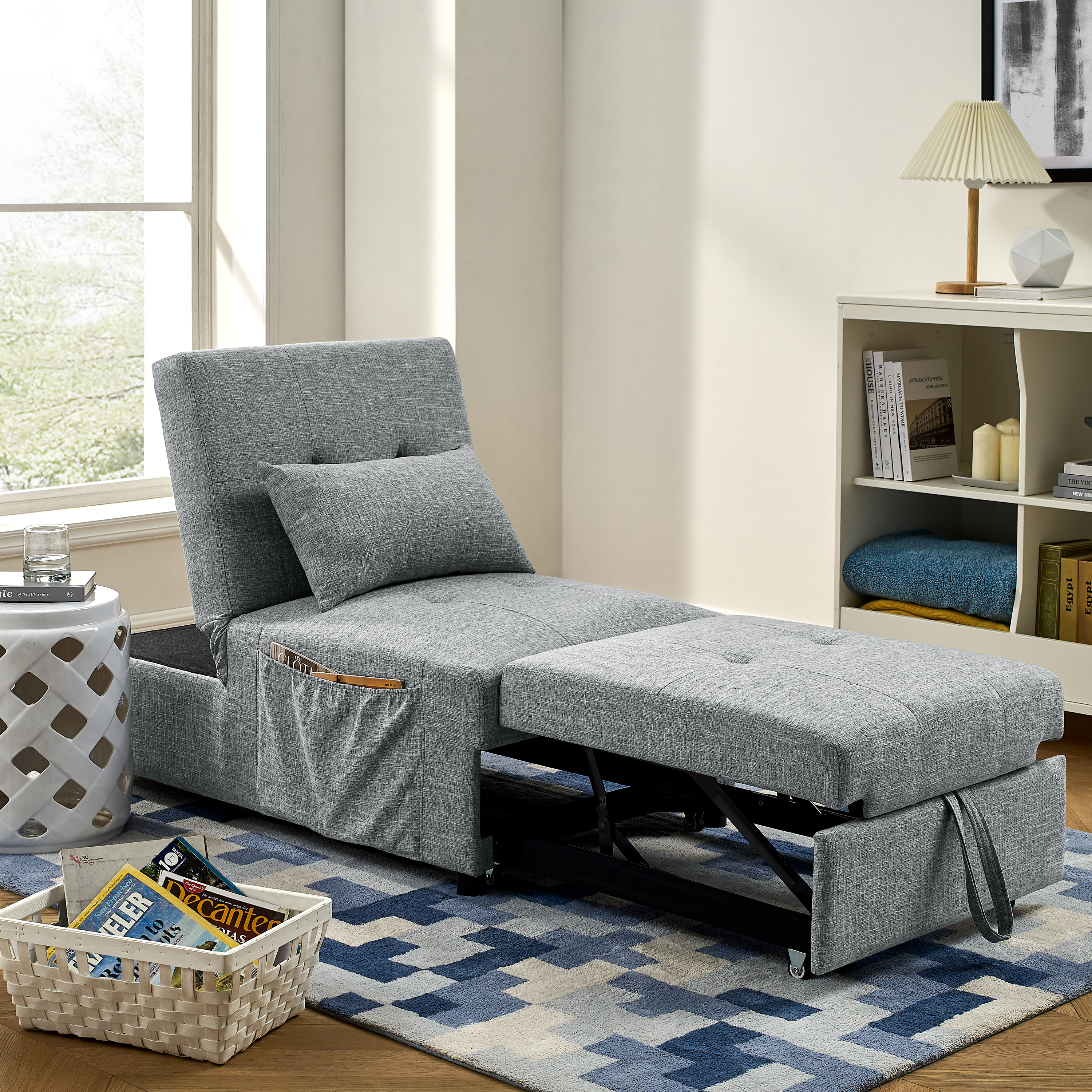 Folding Ottoman Sleeper Sofa Bed, 4 in 1 Function, Work as Ottoman, Chair ,Sofa Bed and Chaise Lounge for Small Space Living, Grey  (44&rdquo;&nbsp;x 26&rdquo;&nbsp;x 33&rdquo;H)-Boyel Living