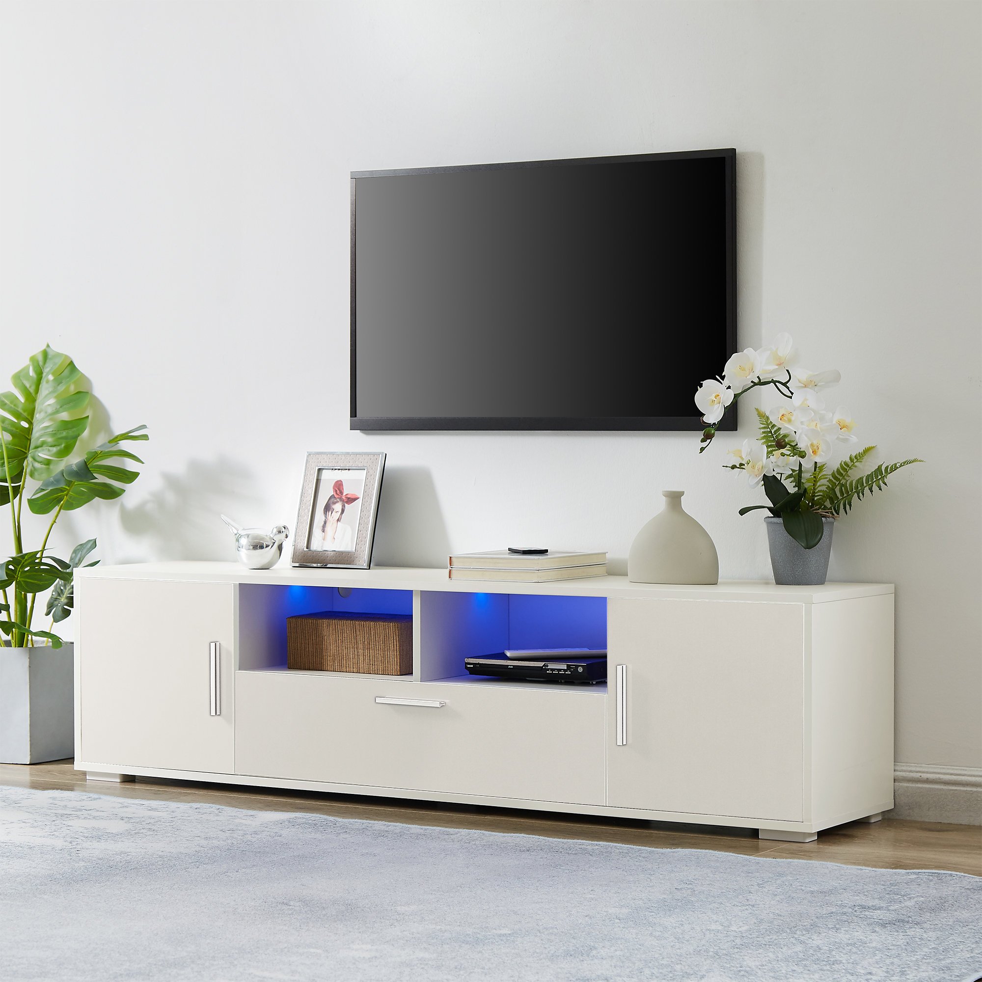 QUICK ASSEMBLE WHITE morden TV Stand,only 20 minutes to finish assemble, with LED Lights,high glossy front TV Cabinet,can be assembled in Lounge Room, Living Room or Bedroom,color:WHITE-Boyel Living