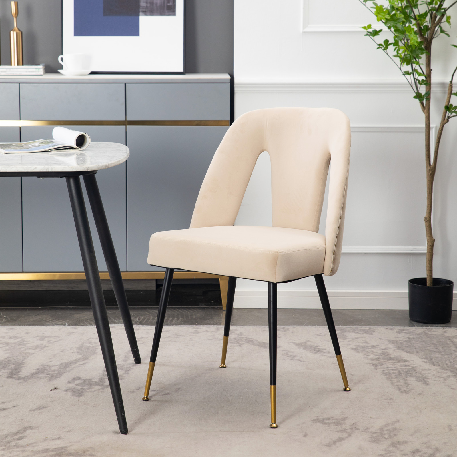 AA Furniture,Akoya Collection Modern | Contemporary Velvet Upholstered Dining Chair with Nailheads and Gold Tipped Black Metal Legs,Beige-Boyel Living