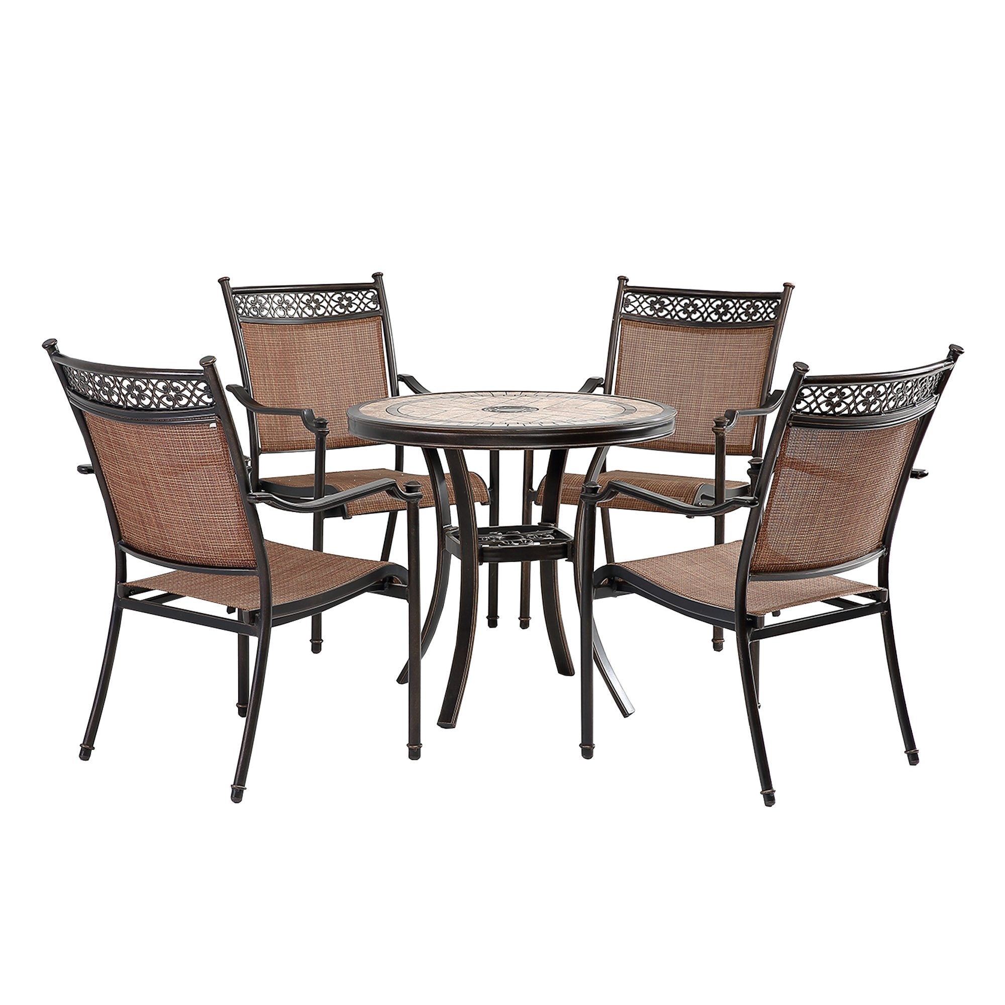 5-piece Cast Aluminum Dining Sling Set with 31-In Round Tile-Top Table and Classic Pattern Sling Chairs Dark Brown-Boyel Living