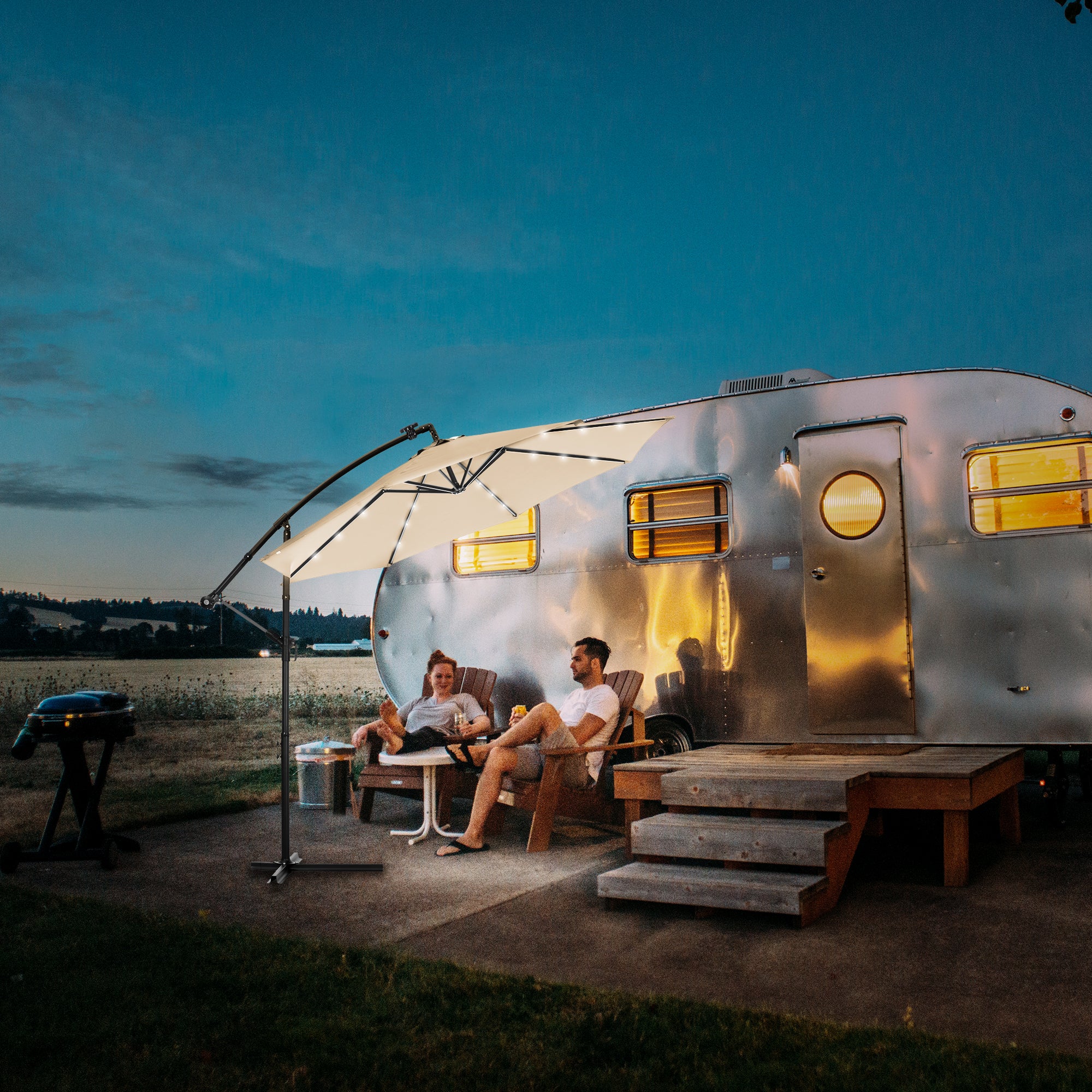 10 FT Solar LED Patio Outdoor Umbrella Hanging Cantilever Umbrella Offset Umbrella Easy Open Adustment with 24 LED Lights - tan-Boyel Living