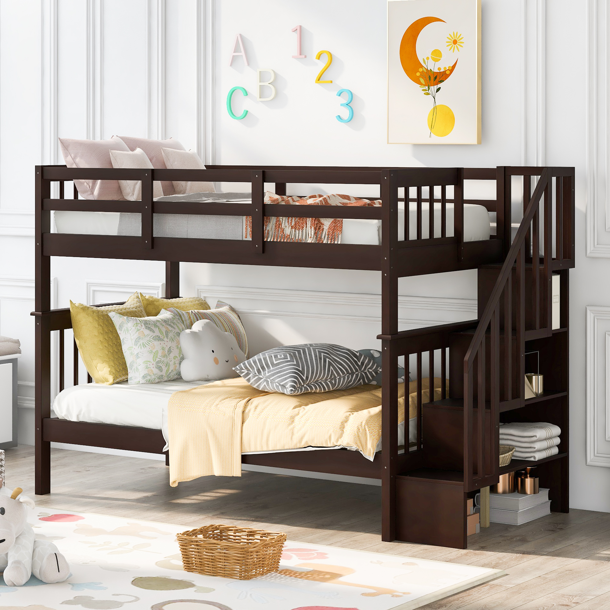 Bunk Bed Stairway Twin-Over-Twin Bunk Bed with Storage and Guard Rail for Bedroom, Dorm Espresso color(Old SKU;LP000109AAP)-Boyel Living