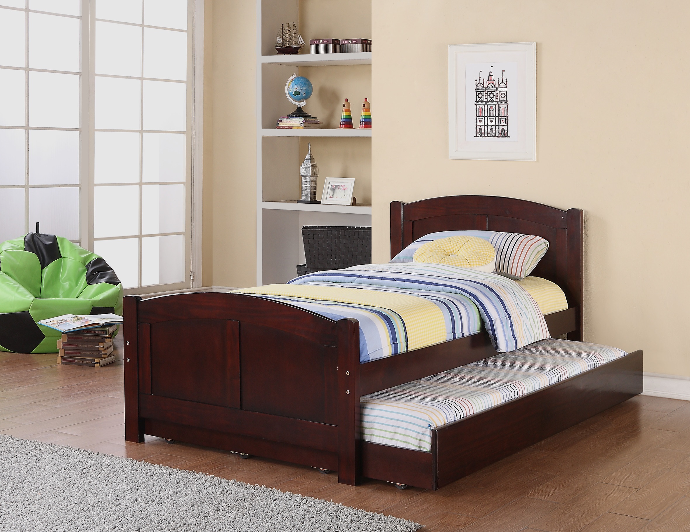 Twin Size Bed w/ Trundle Slats Dark Cherry Pine Plywood Kids Youth Bedroom Furniture-Boyel Living