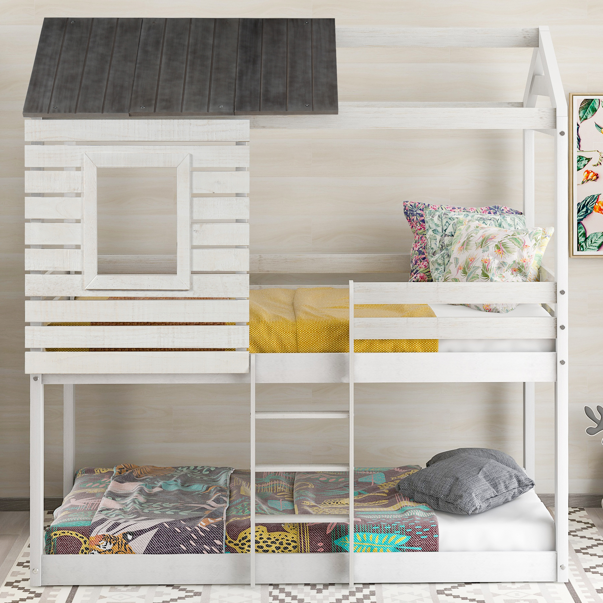 Twin Over Twin Bunk Bed Wood Loft Bed Bedroom Furniture with Roof, Window, Guardrail, Ladder ( Antique White)-Boyel Living