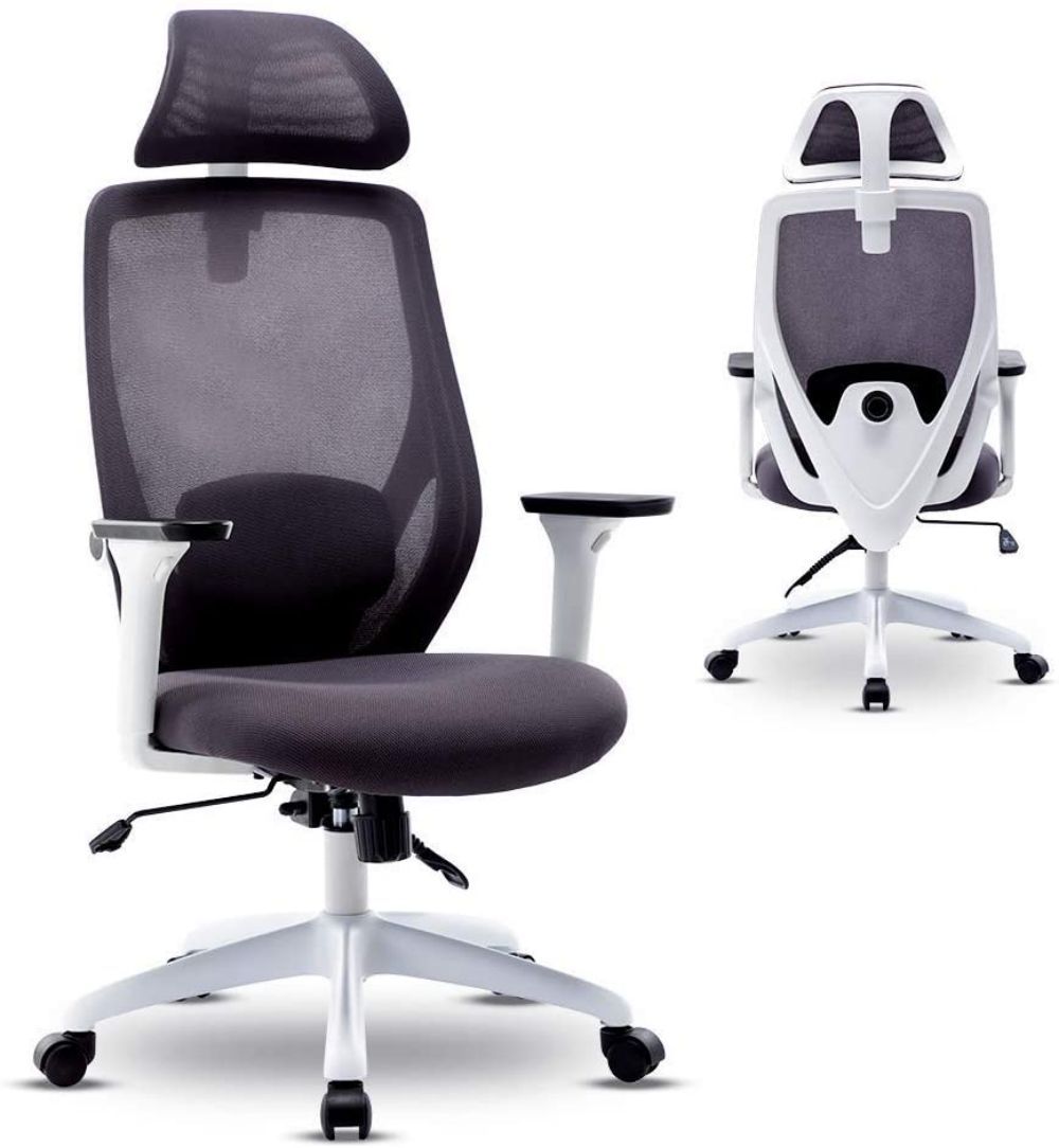 Ergonomic Office Chair - Mesh Chair Heavy Duty Office Chair - Adjustable Headrest and Armrest Home Office Chair with Tilt Function and Position Lock (White)-Boyel Living