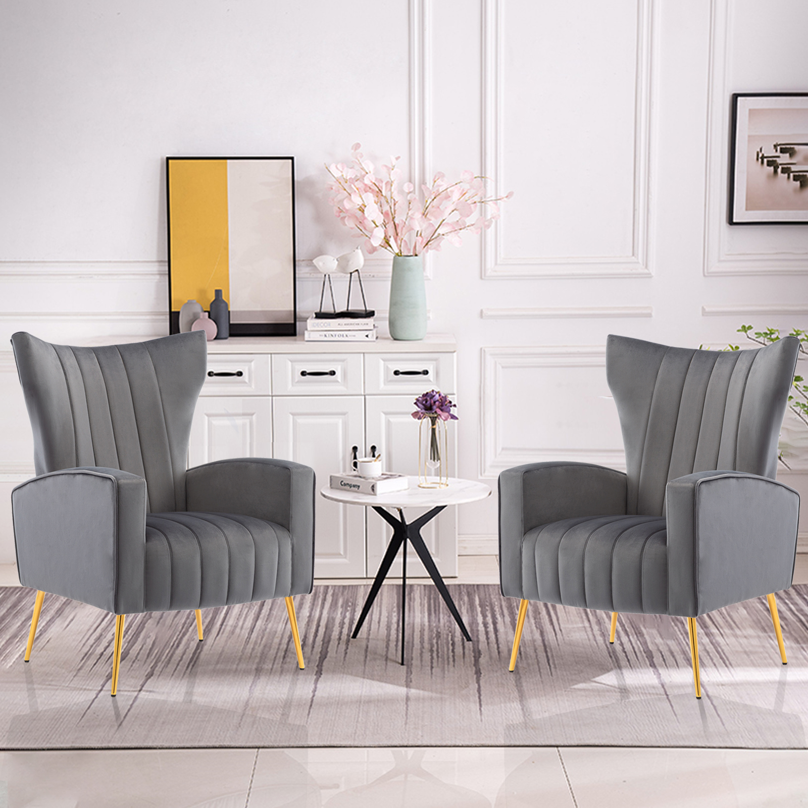 Velvet Accent Chair, Wingback Arm Chair with Gold Legs, Upholstered Single Sofa for Living Room Bedroom-Boyel Living