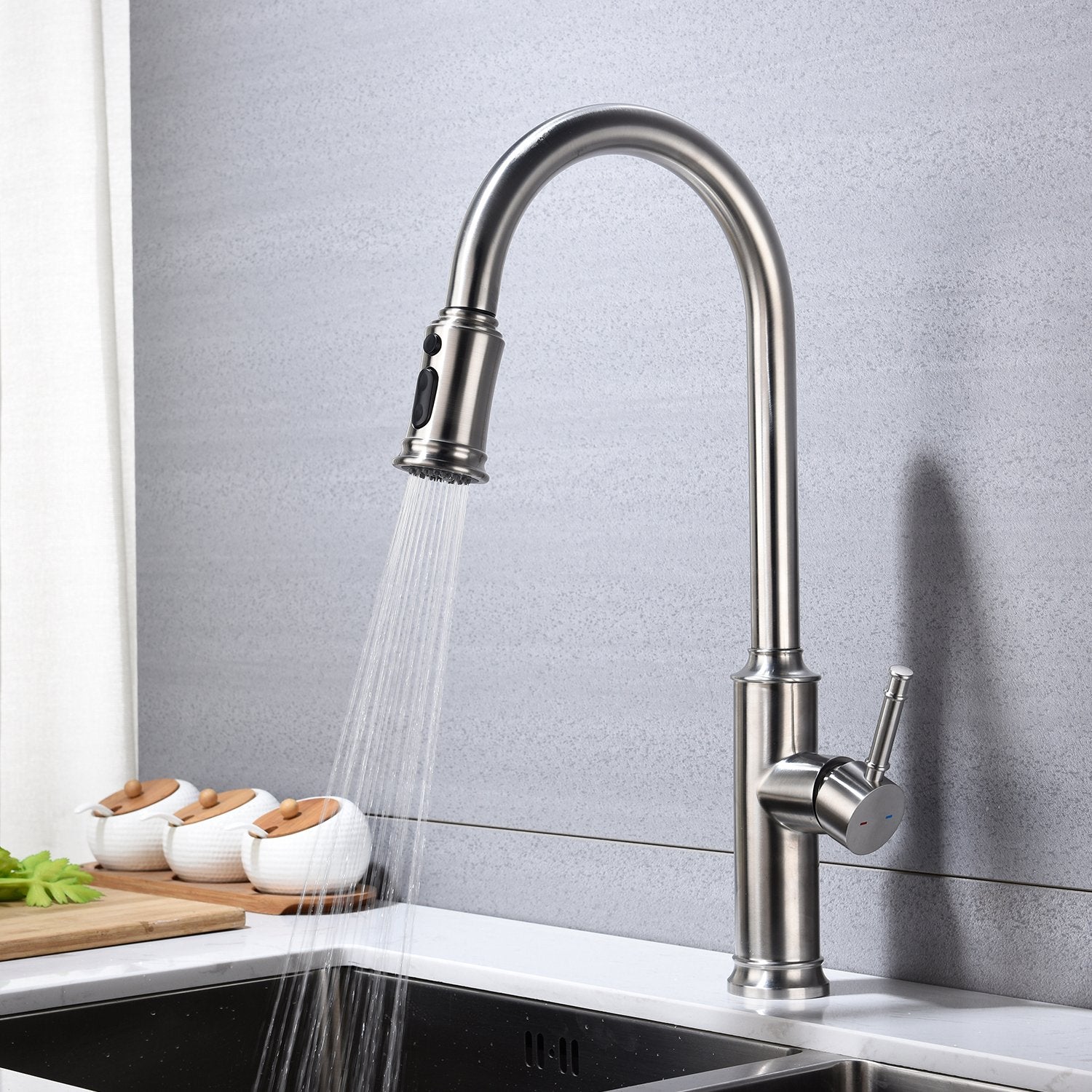 Kitchen Faucet with Pull Out Sprayer in Brushed Nickel-Boyel Living
