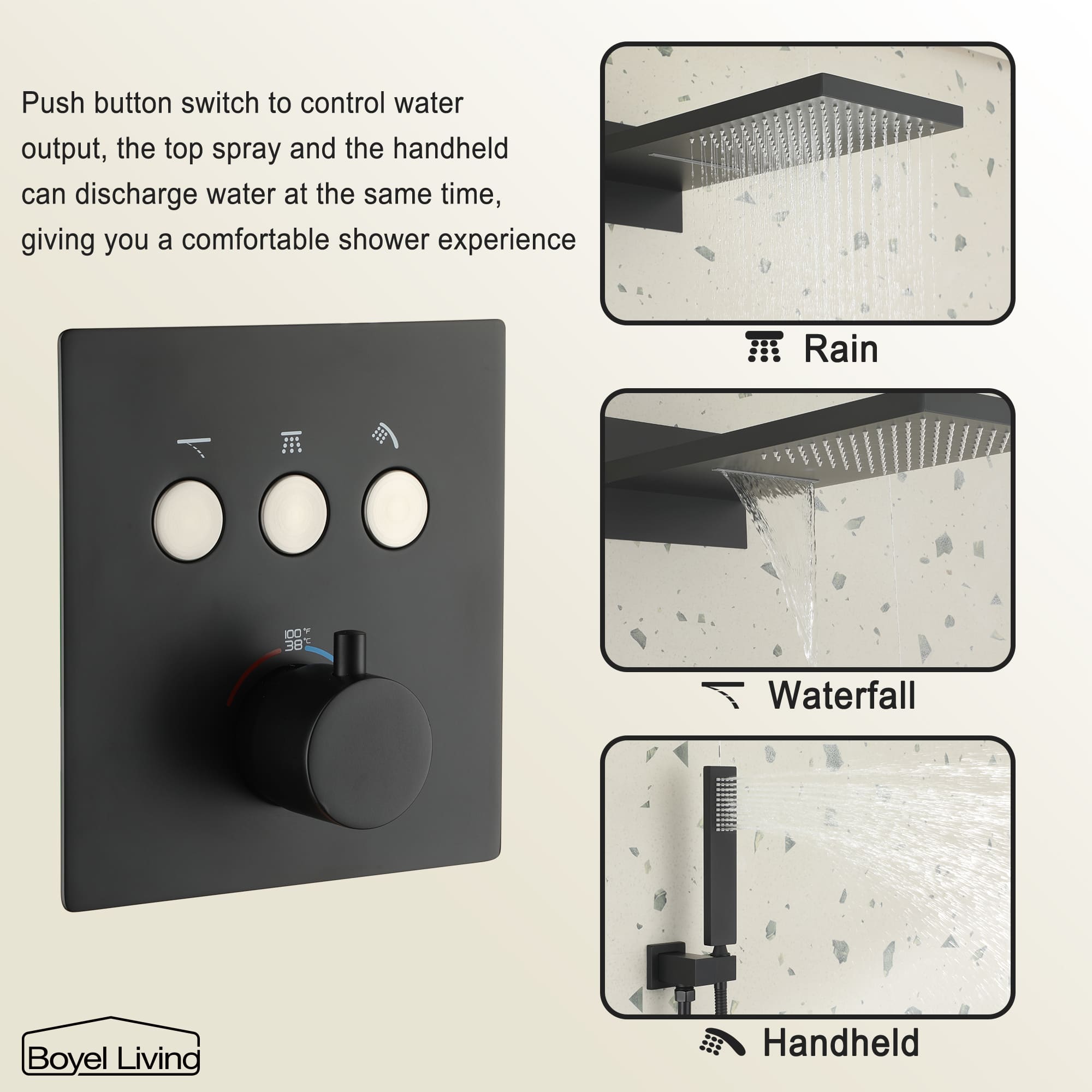 Boyel Living Rainfall & Waterfall 2 GPM 10 in. Wall Mount Dual Shower Heads System with Handheld Shower and Pressure Balance Valve-Boyel Living