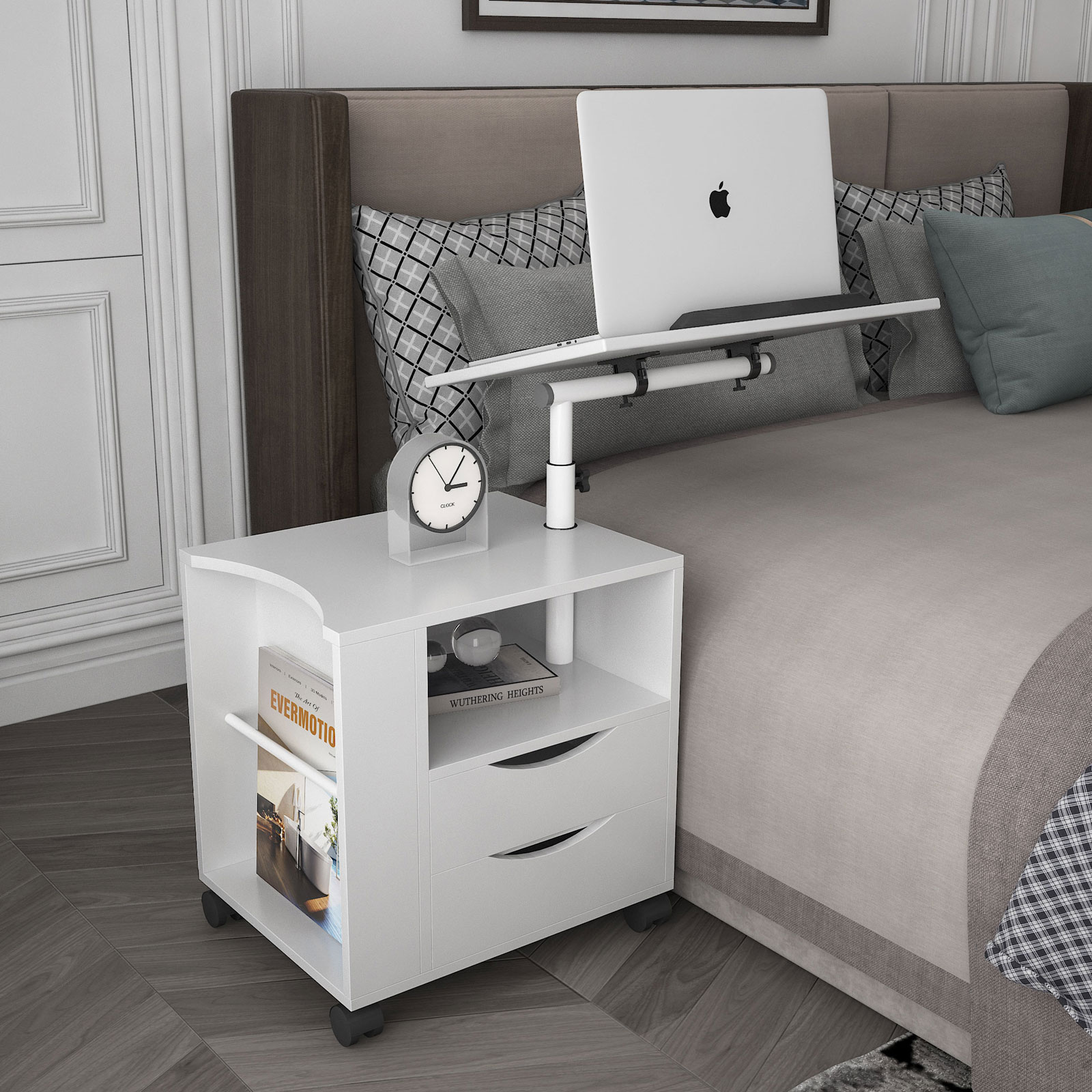 Height Adjustable Overbed End Table Wooden Nightstand with Swivel Top, Storage Drawers, Wheels and Open Shelf,(White)-Boyel Living