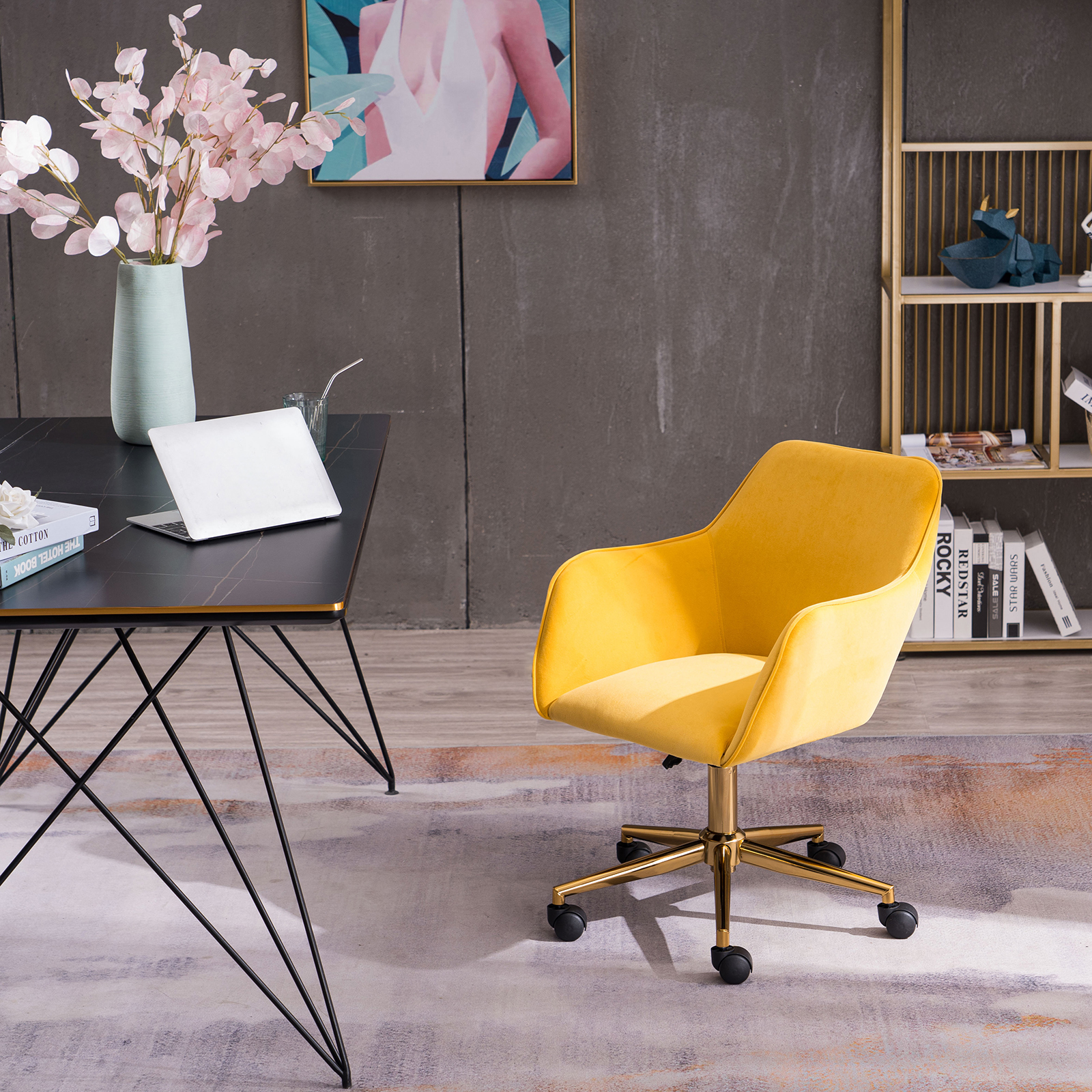Modern Velvet Yellow Material Adjustable Height 360 Revolving Home Office Chair With Gold Metal Legs And Universal Wheel For Indoor-Boyel Living
