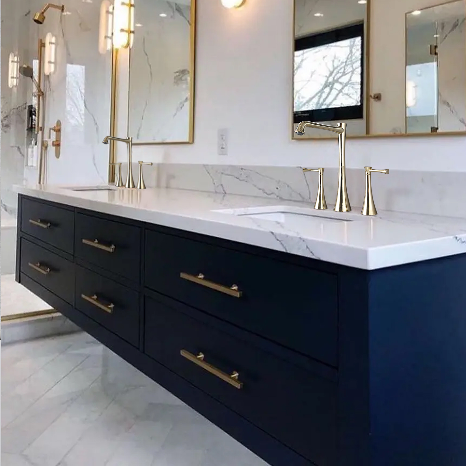 Widespread 2 Handles Bathroom Faucet with Drain Assembly, Gold/ Matte Black 