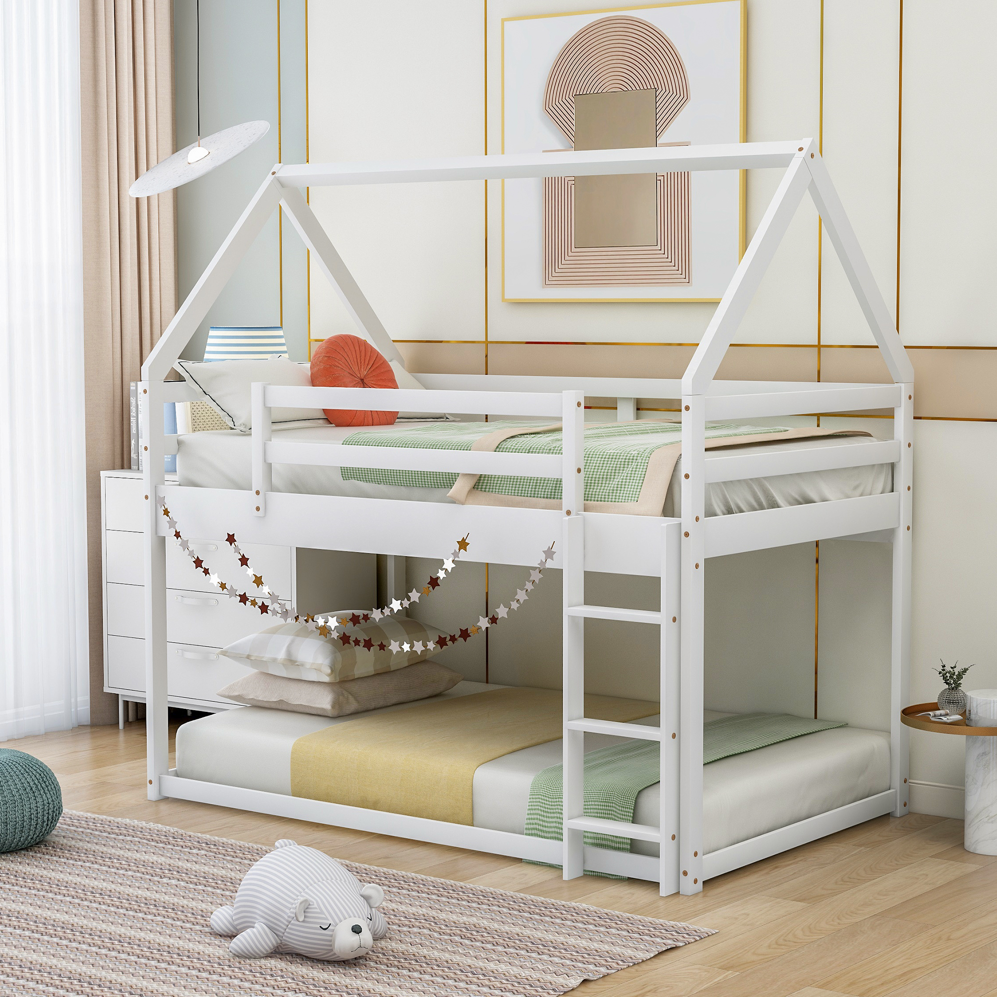 Twin over Twin Low Bunk Bed, House Bed with Ladder , White(New)-Boyel Living