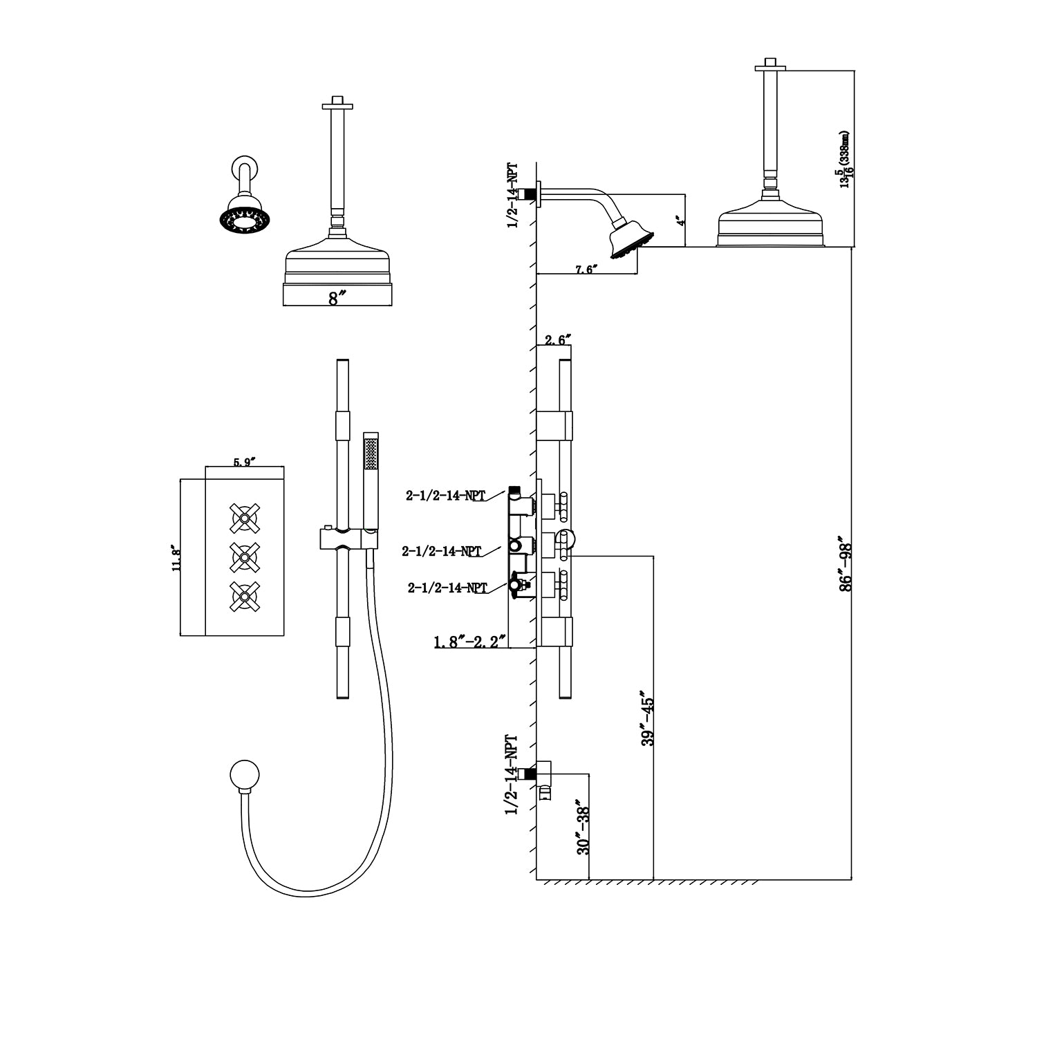 Boyel Living Wall Mount and Ceiling Mount Shower System with 4 Body Sprays Dimensions-Boyel Living