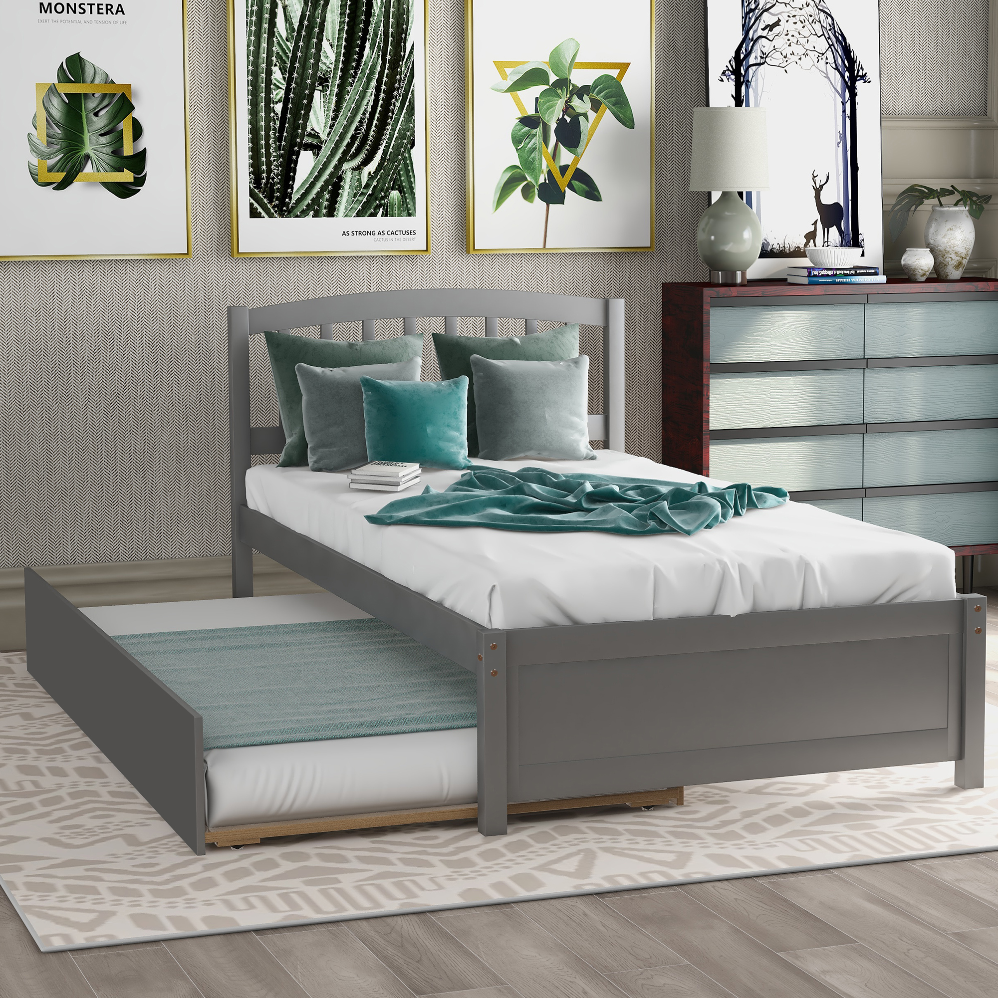 Twin size Platform Bed Wood Bed Frame with Trundle, Gray-Boyel Living