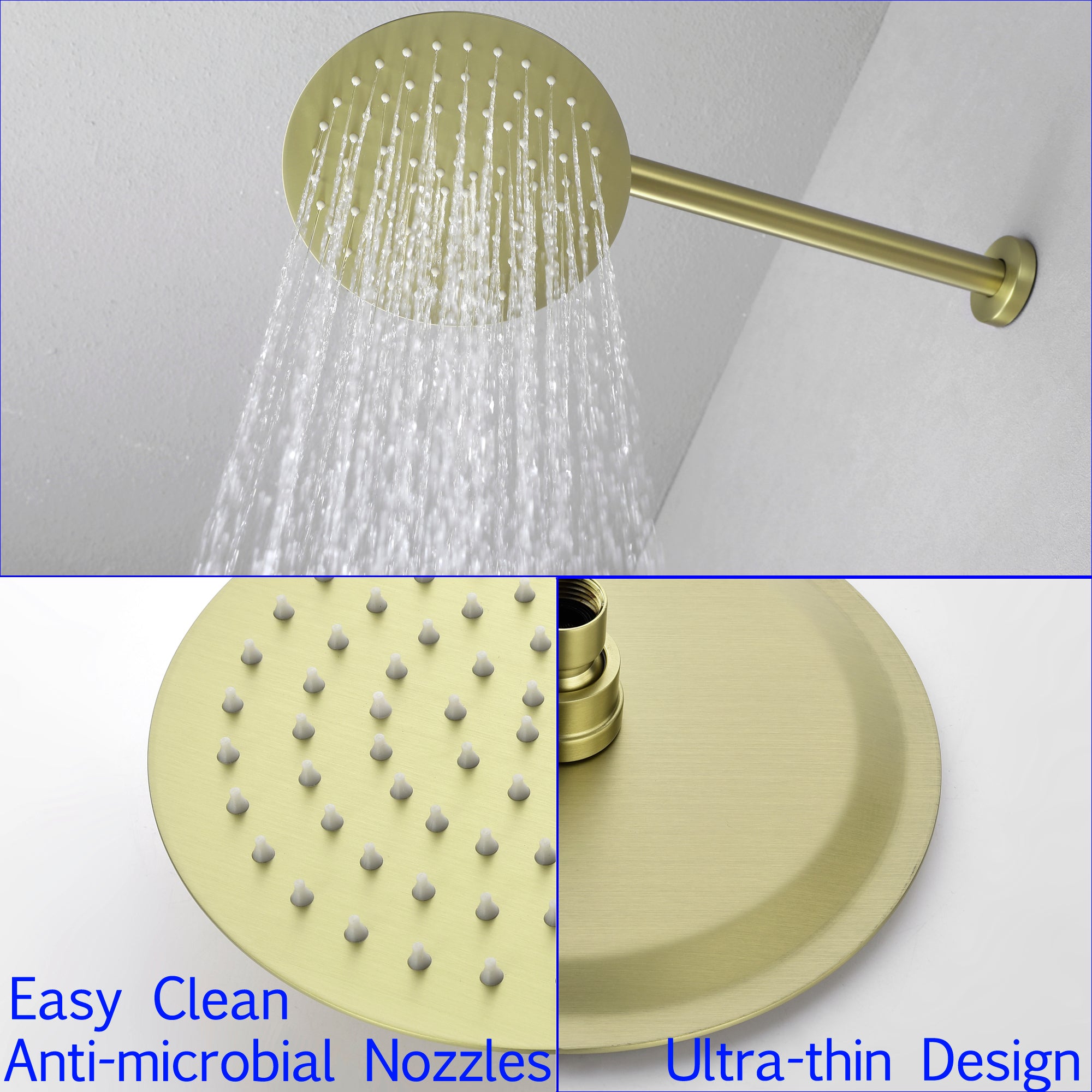 Boyel Living 1-Spray Patterns with 2.5 GPM 8 in. Wall Mount Rain Fixed Shower Head with Single Lever Handle and Valve in Brushed Gold-Boyel Living