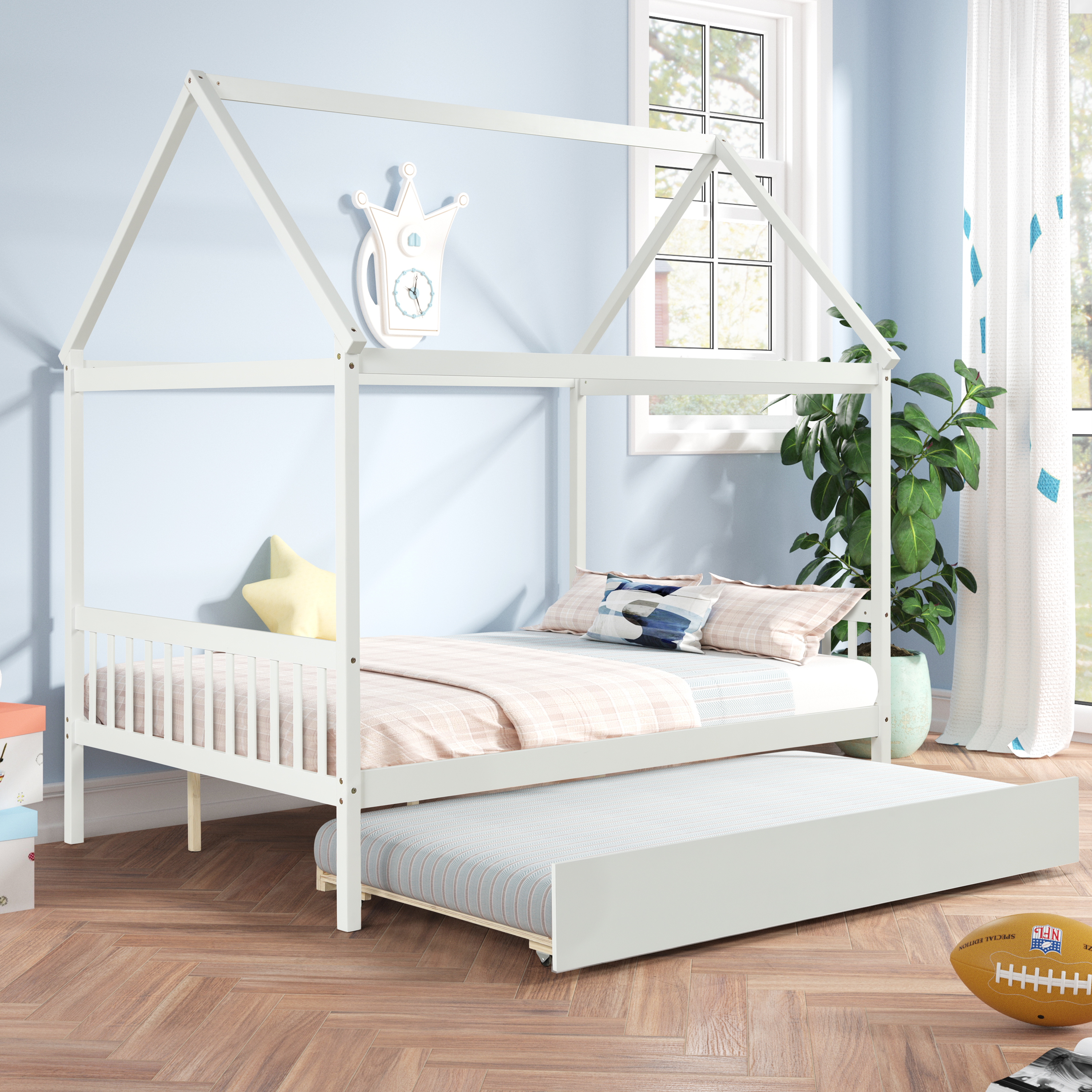 HOUSE FUUL BED WITH TWIN SIZE TRUNDLE FOR WHITE COLOR