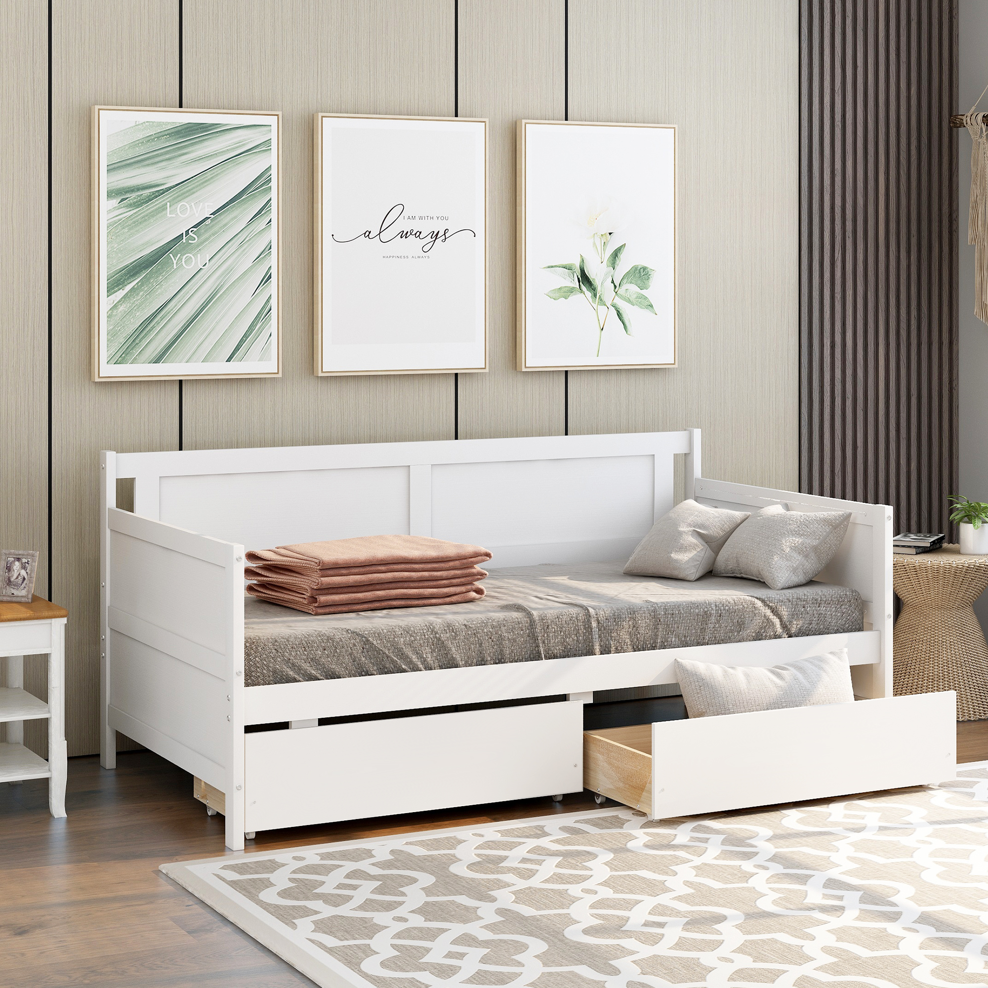 Daybed with two drawers, Twin size Sofa Bed, Two Storage Drawers for Bedroom,Living Room ,White-Boyel Living