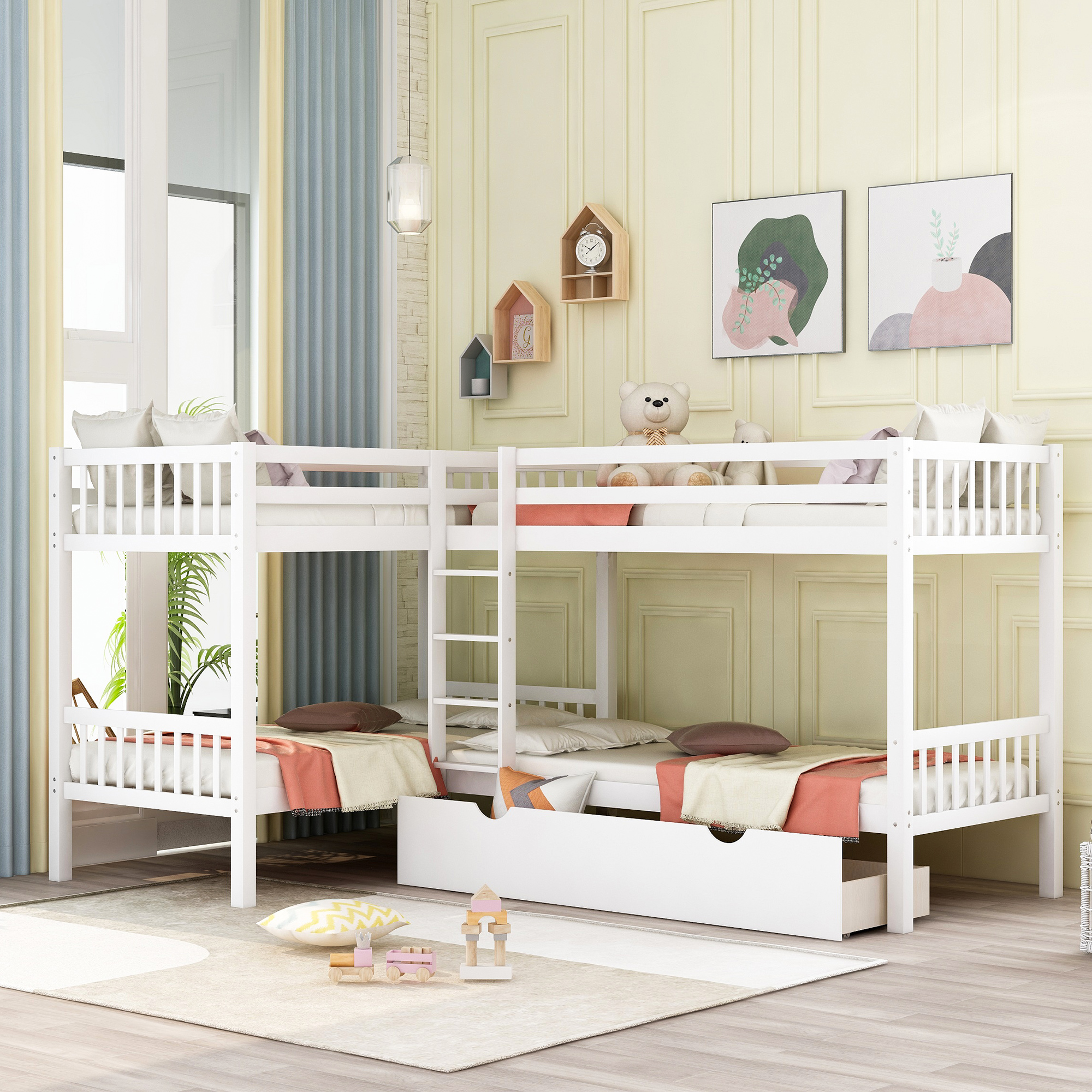 Twin L-Shaped Bunk bed with Drawers-White-Boyel Living