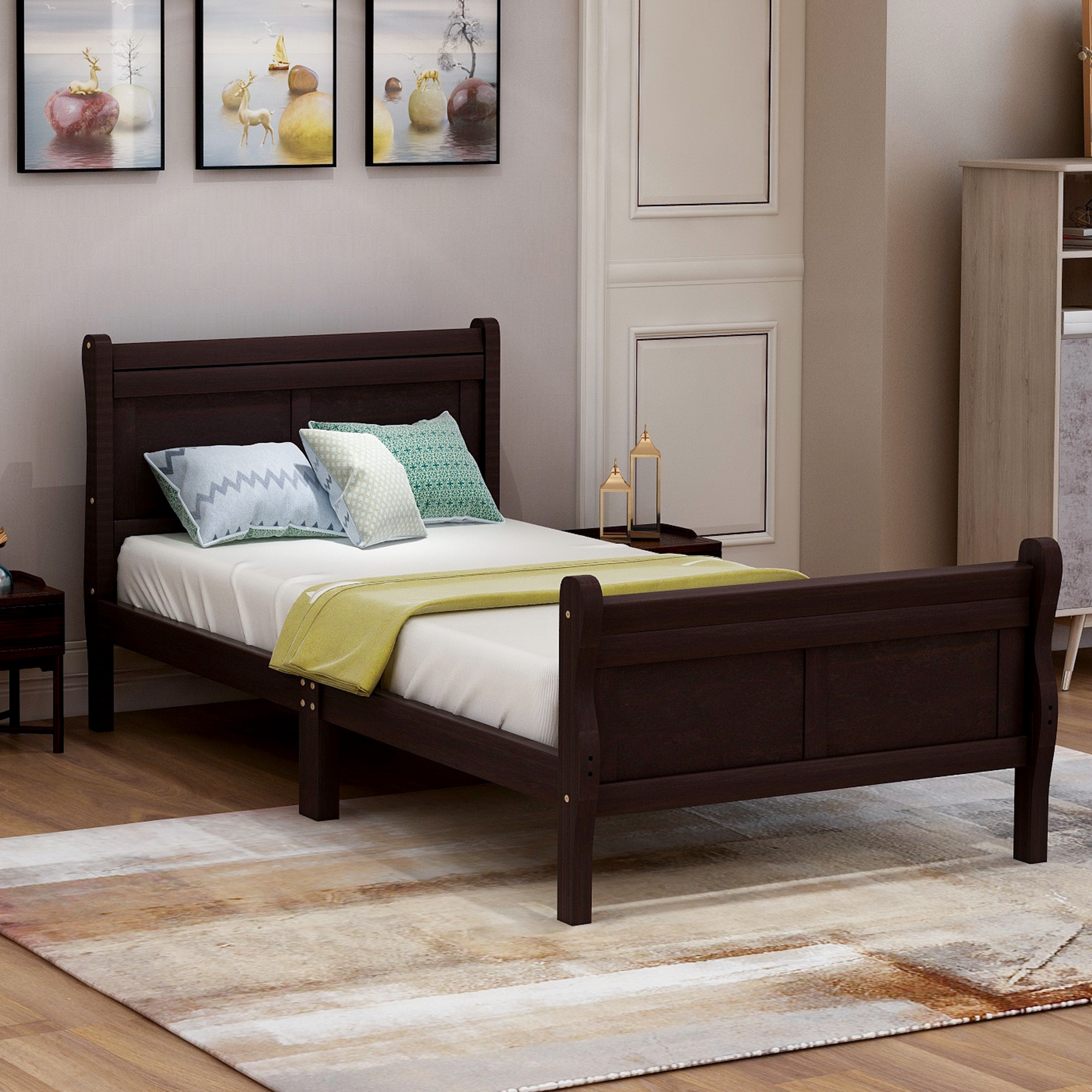 Wood Platform Bed Twin Bed Frame Mattress Foundation Sleigh Bed with Headboard/Footboard/Wood Slat Support-Boyel Living