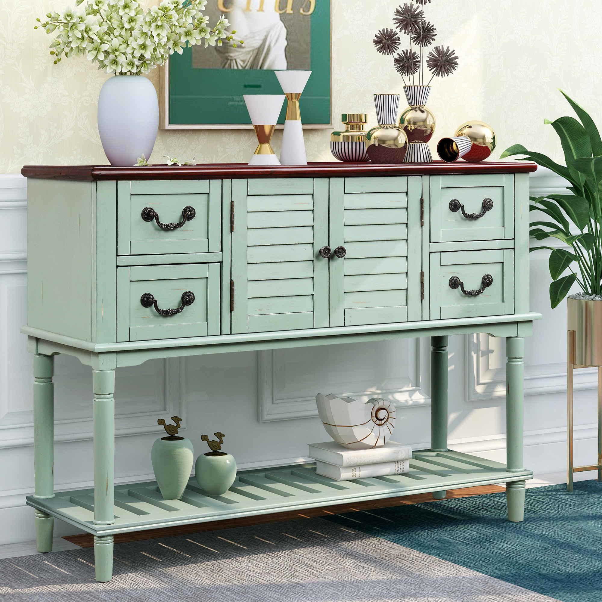 Console Table Sideboard for Entryway Sofa Table with Shutter doors and 4 Storage Drawers (Antique Blue)-Boyel Living