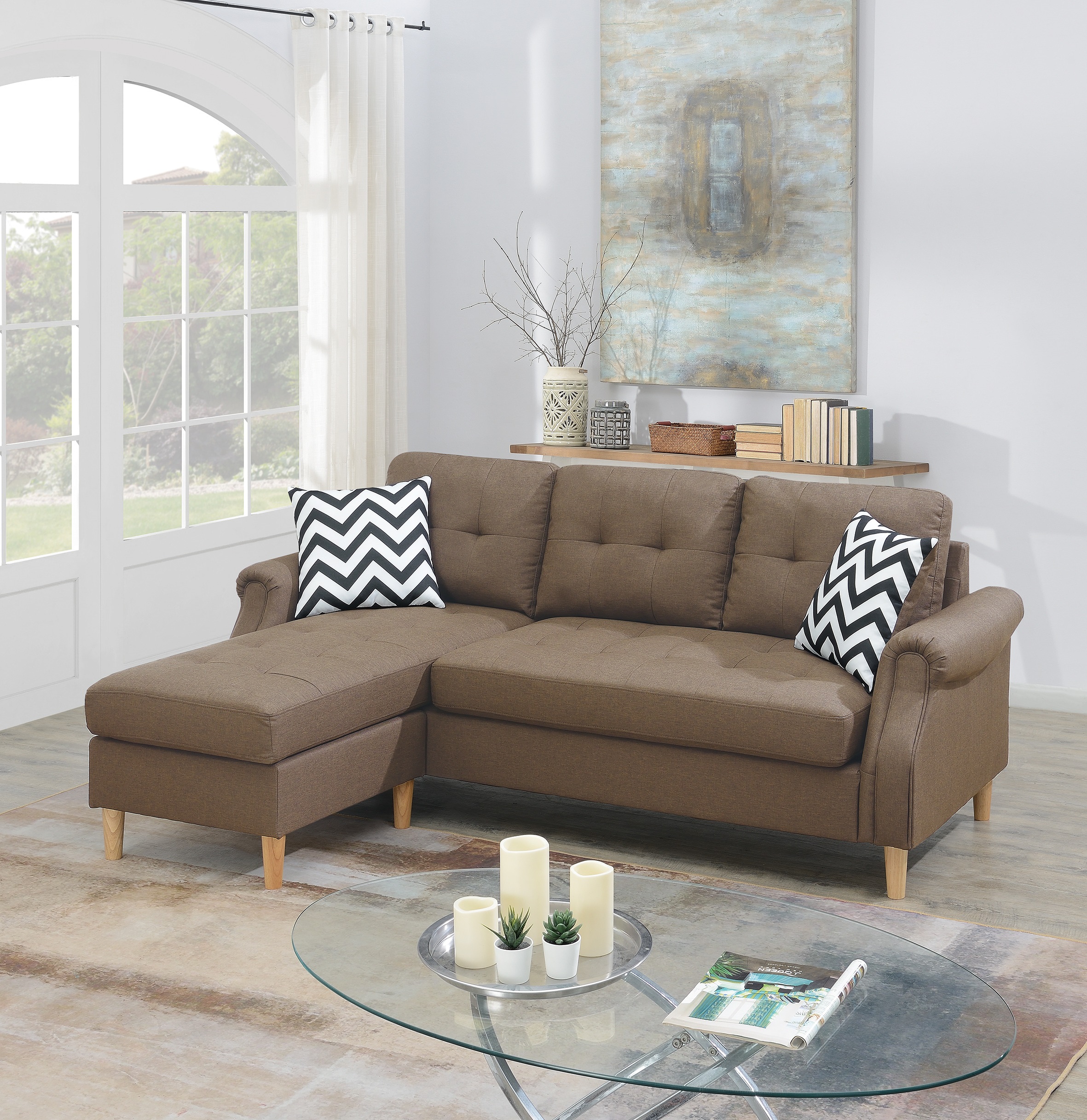 Living Room Corner Sectional Light Coffee Polyfiber Chaise sofa Reversible Sectional-Boyel Living