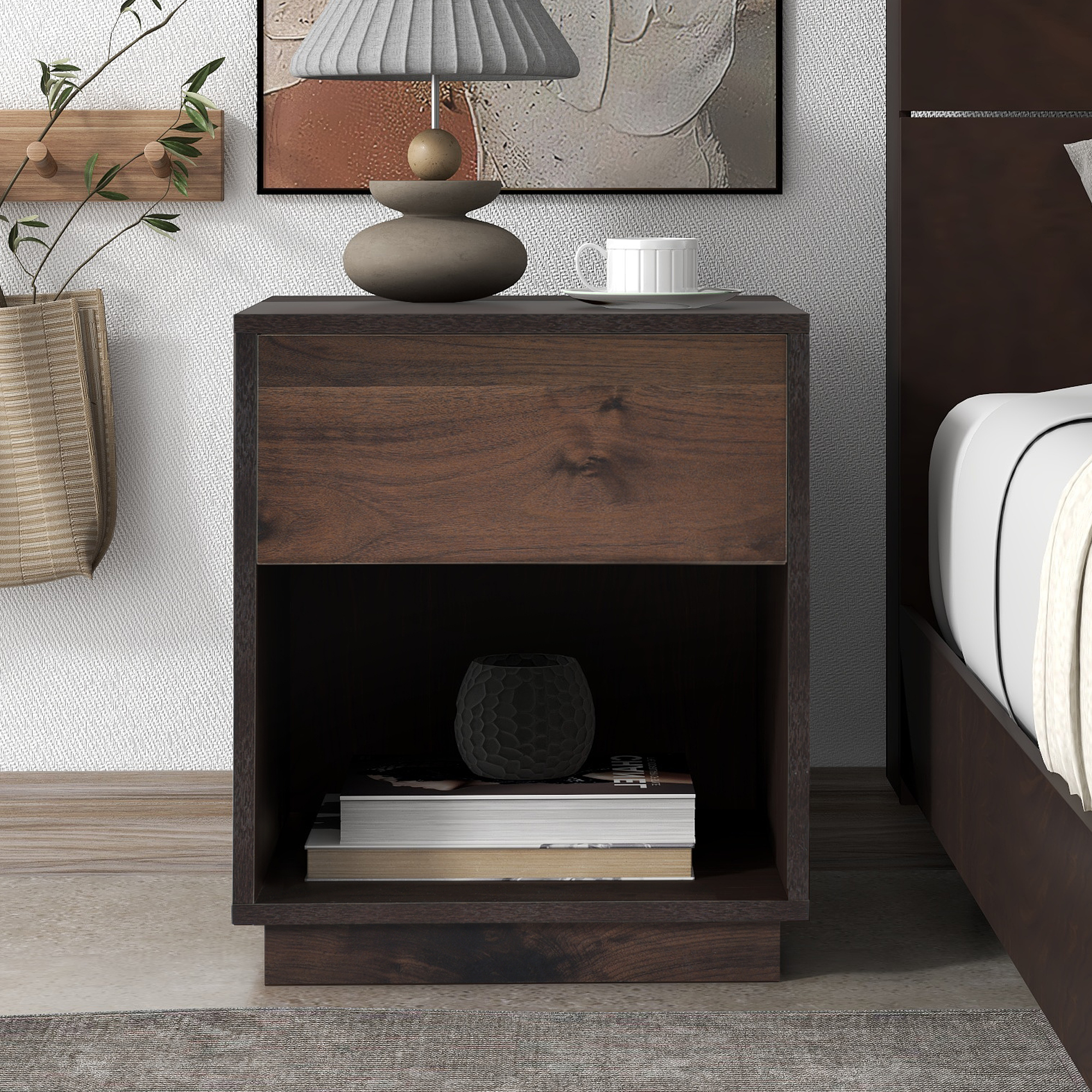 Mid-Century Modern Nightstand End Table Open Storage with  One Drawer, Dark Brown-Boyel Living