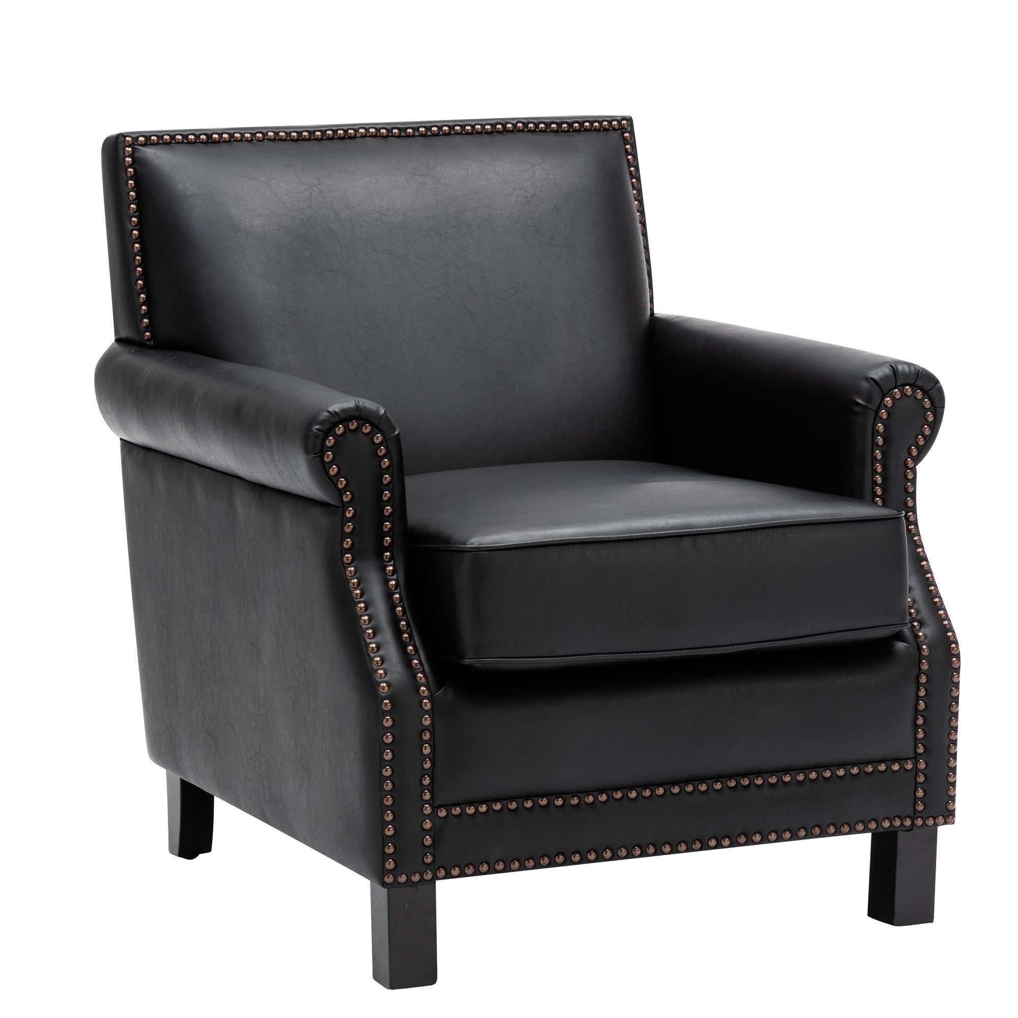 Living Traditional Upholstered PU Leather Club Chair with Nailhead Trim, Black-Boyel Living