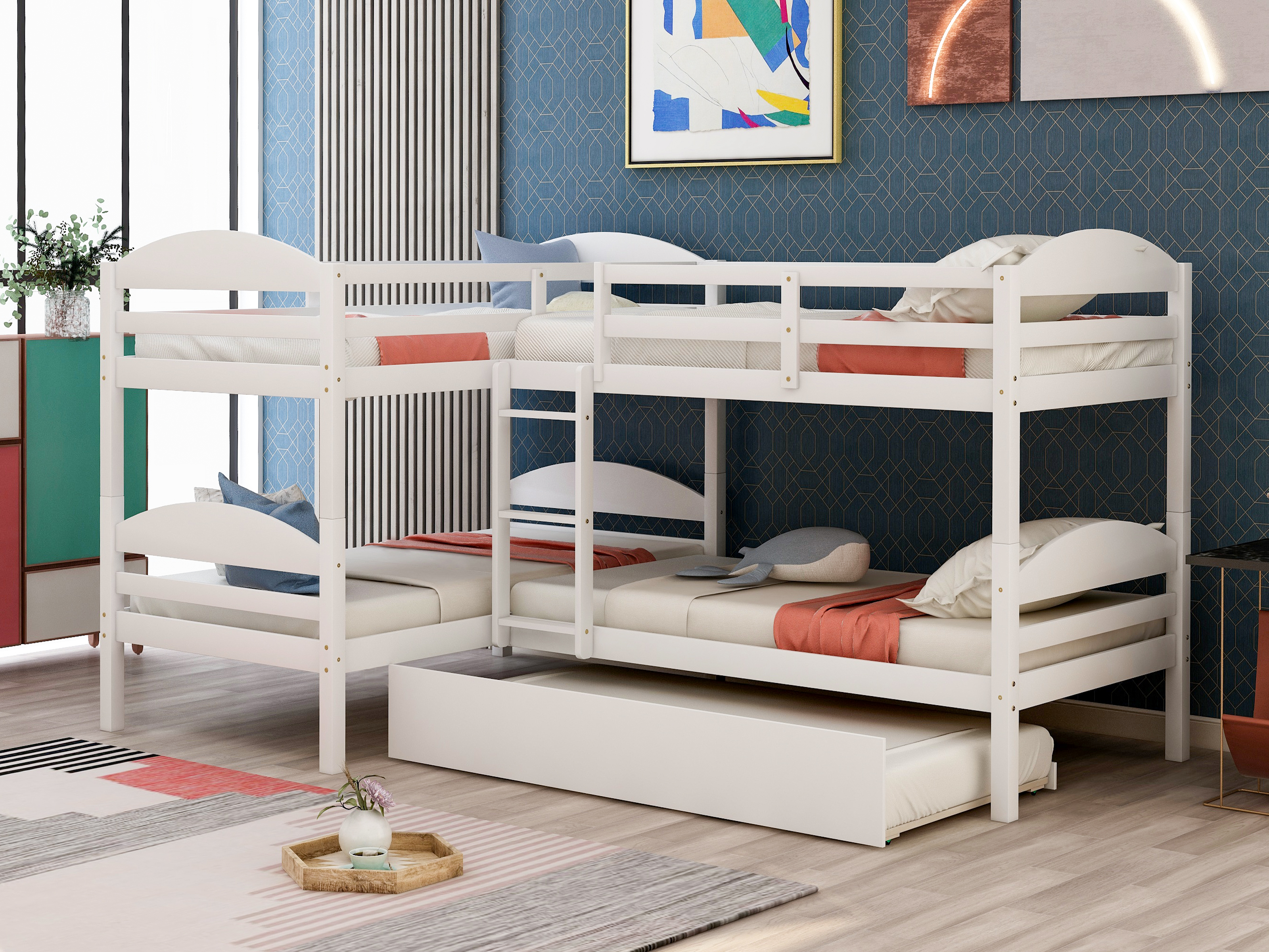 Twin L-Shaped Bunk bed with Trundle-White-Boyel Living
