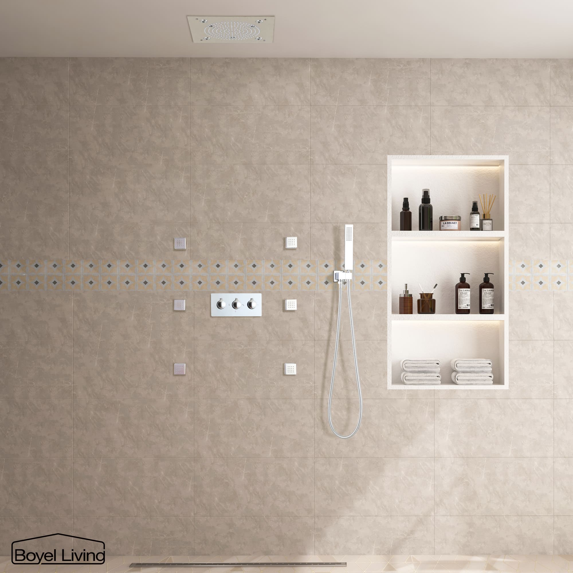 Boyel Living Luxury LED Ceiling Rainfall Shower Head System with Body Jets Bathroom Shower Faucet Complete Set, Flow Adjustable-Boyel Living
