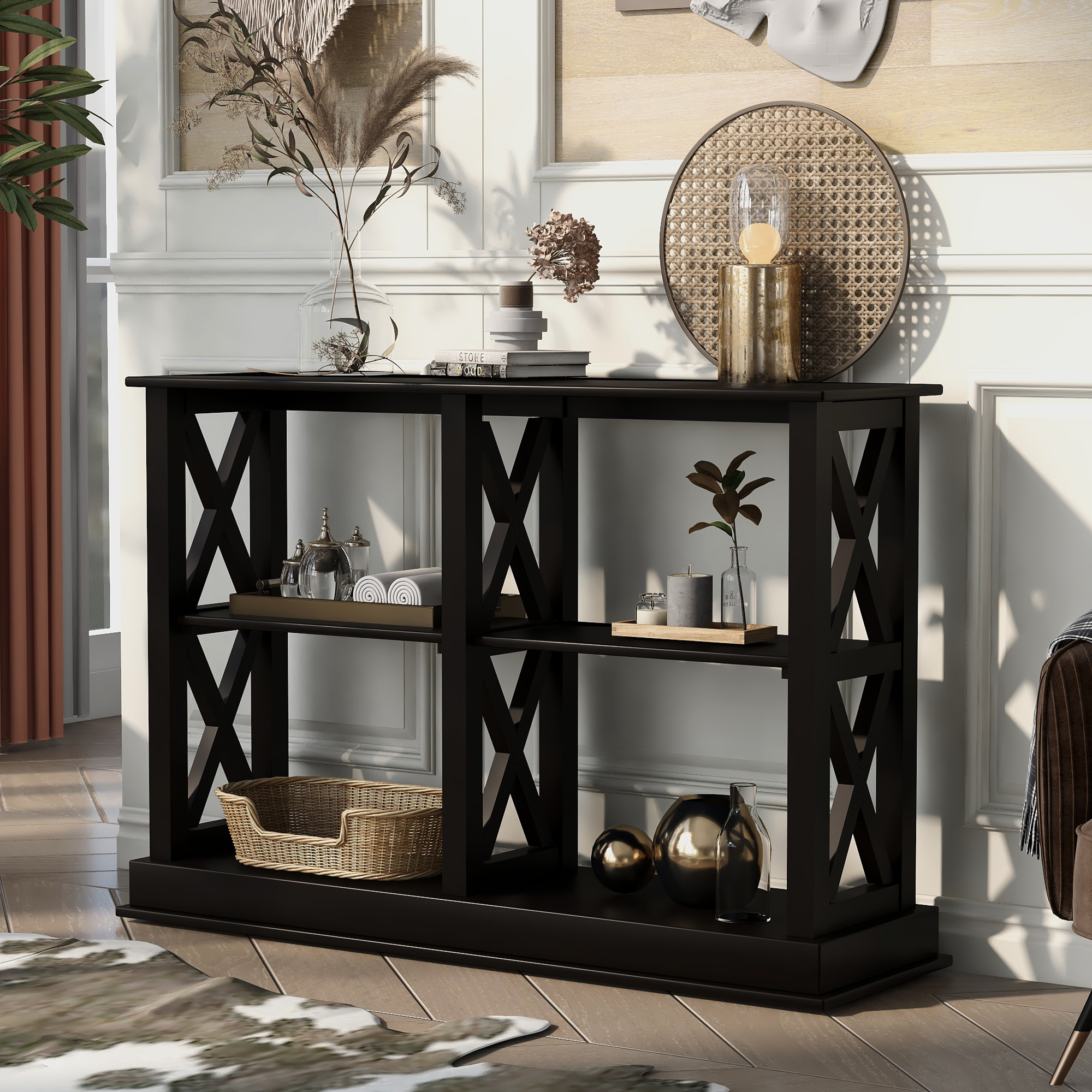 Console Table with 3-Tier Open Storage Spaces and &ldquo;X&rdquo; Legs, Narrow Sofa Entry Table for Living Room, Entryway and Hallway (Black)-Boyel Living