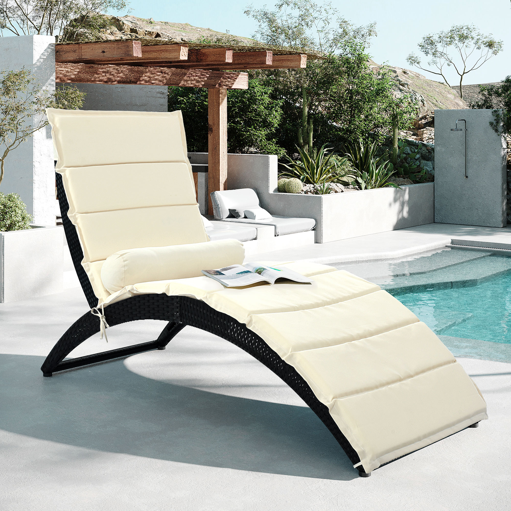 Patio Wicker Sun Lounger, PE Rattan Foldable Chaise Lounger with Removable Cushion and Bolster Pillow, Black Wicker and Beige Cushion-Boyel Living