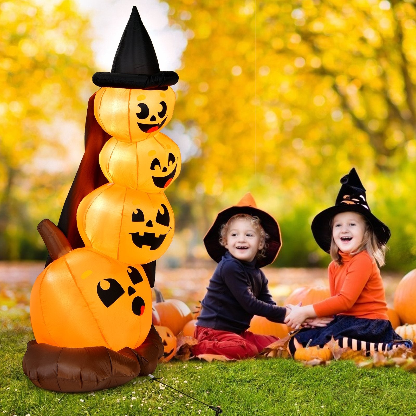 7 Feet Halloween Inflatable Pumpkin Combo with Witch's Hat and LED Lights-Boyel Living