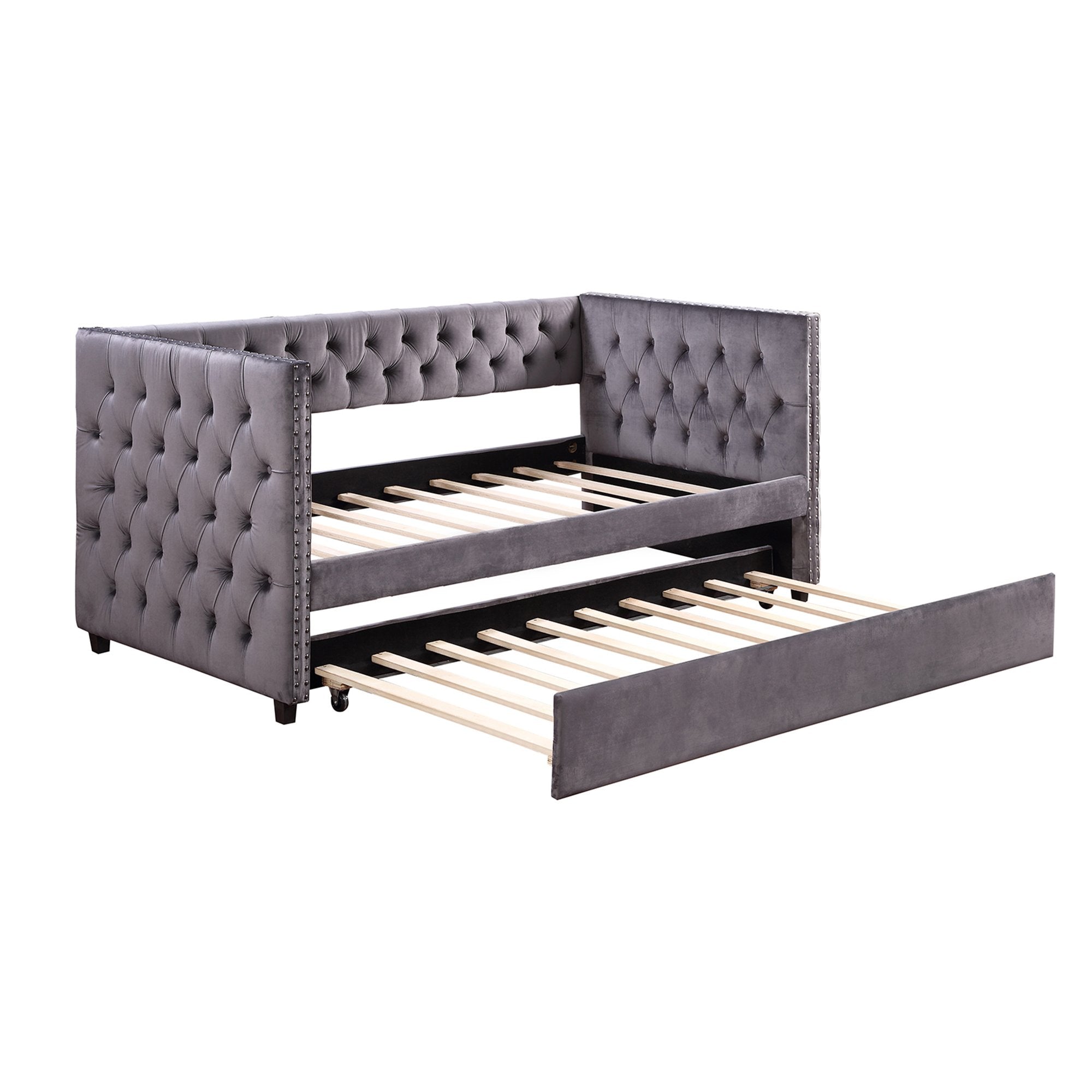 Twin Daybed with Trundle, Upholstered Tufted Sofa Bed with Nailhead Trim, Gray-Boyel Living