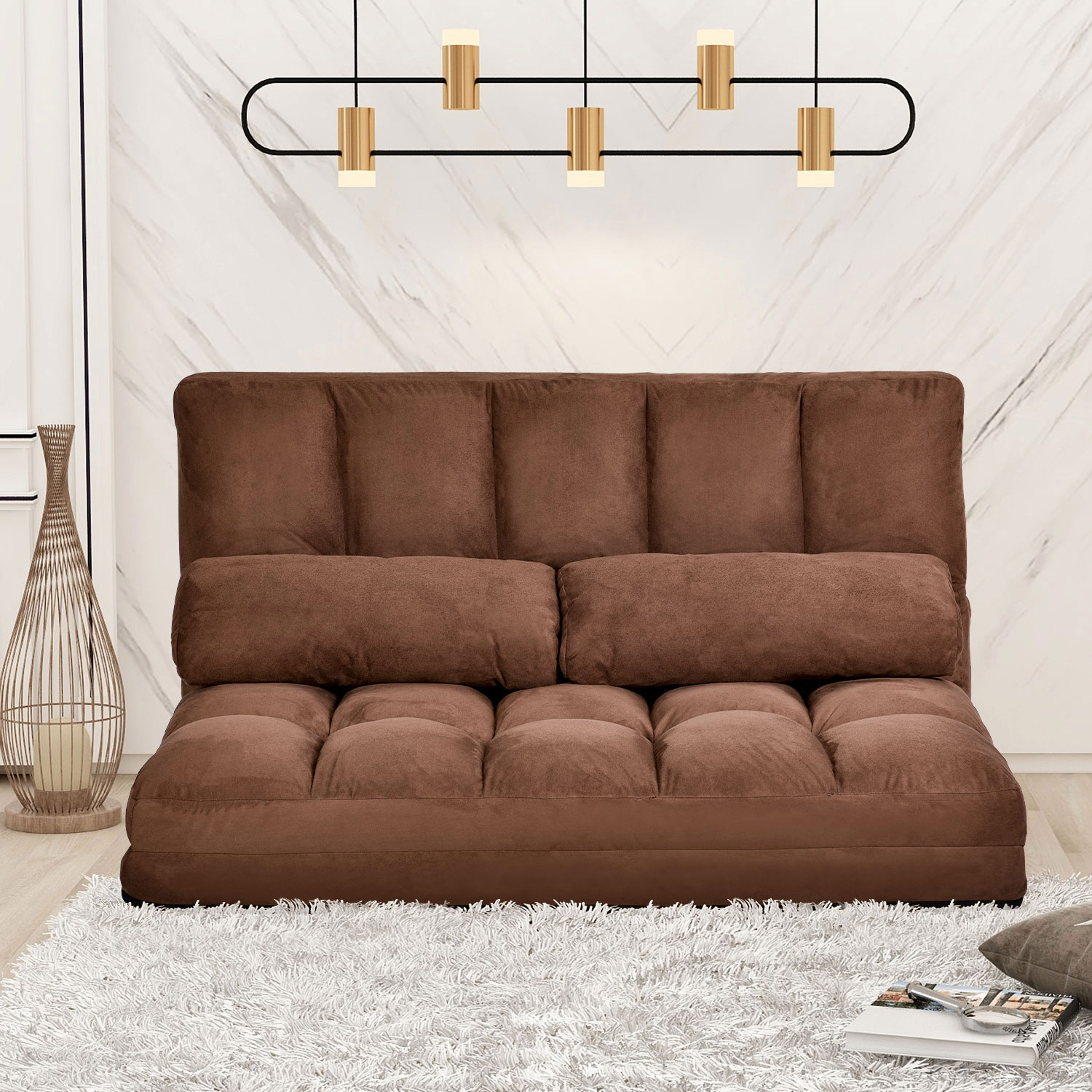 Double Chaise Lounge Sofa Floor Couch and Sofa with Two Pillows for Living Room(Brown)(old  SKU:PP036317DAA)-Boyel Living