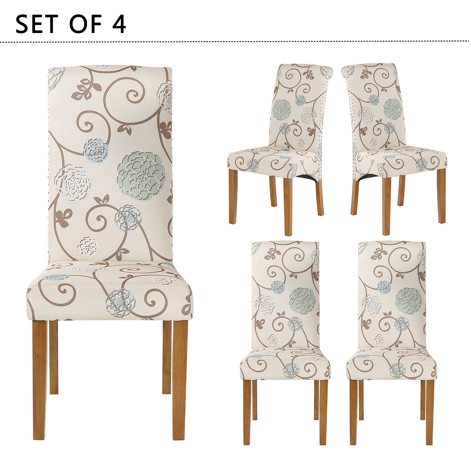 Dining Chair Set of 2 Fabric Padded Side Chair with Solid Wood Legs, Nailed Trim(Floral)-Boyel Living