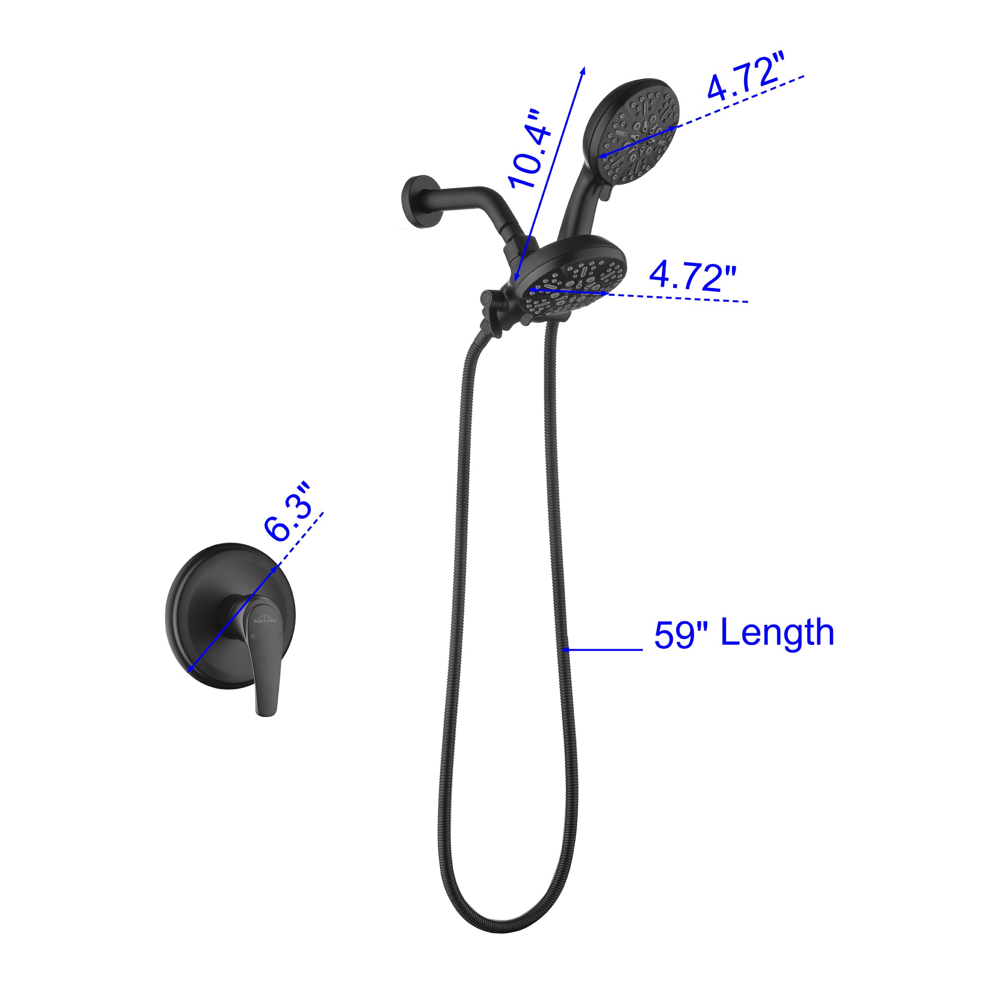 Boyel Living 5-Spray Patterns with 2.5 GPM 4.72 in. Wall Mount Dual Shower Heads in Matte Black (Valve and Handle Trim Included)-Boyel Living
