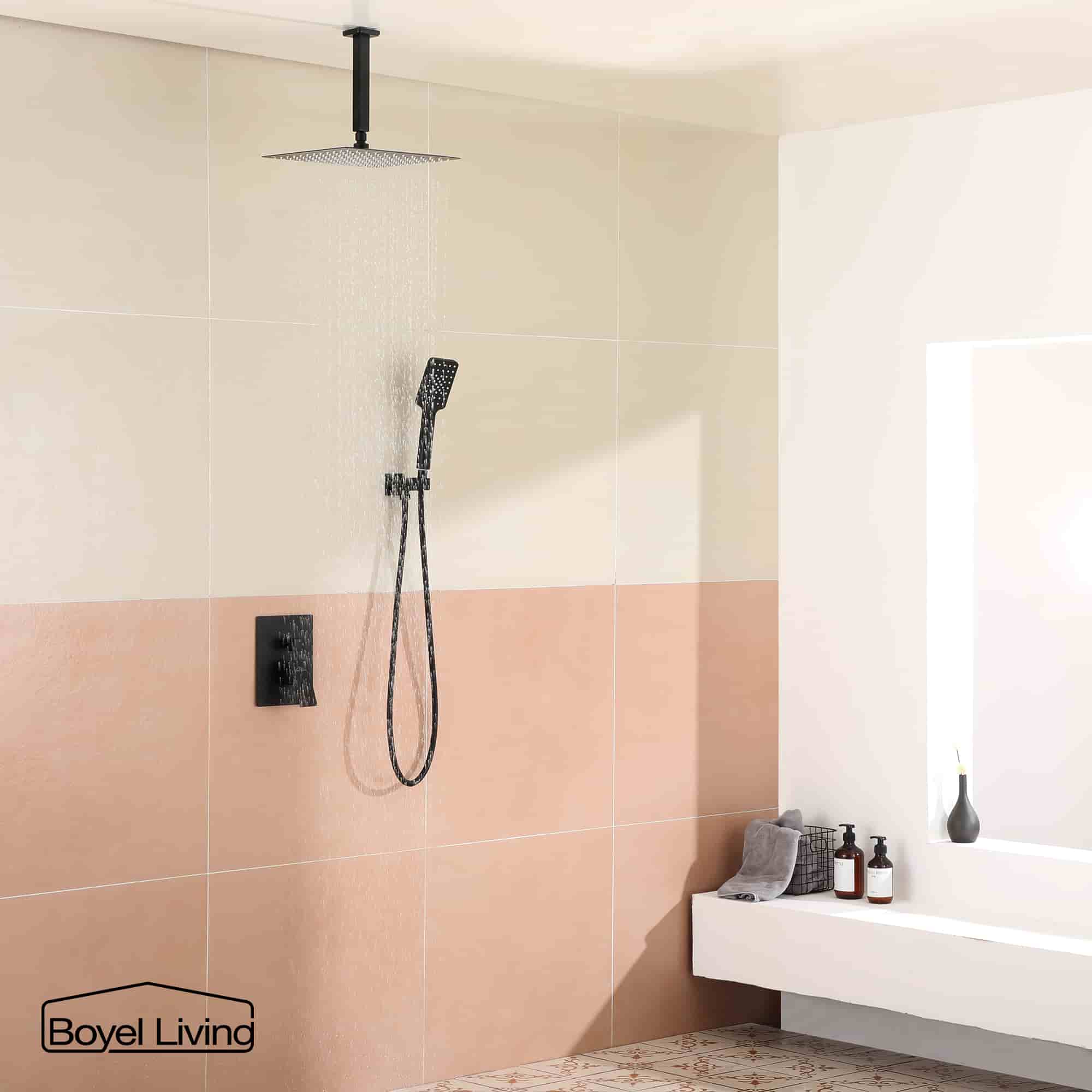 Boyel Living 12 in. Ceiling Mount Dual Shower Heads Shower System with Handheld in Matte Black-Boyel Living