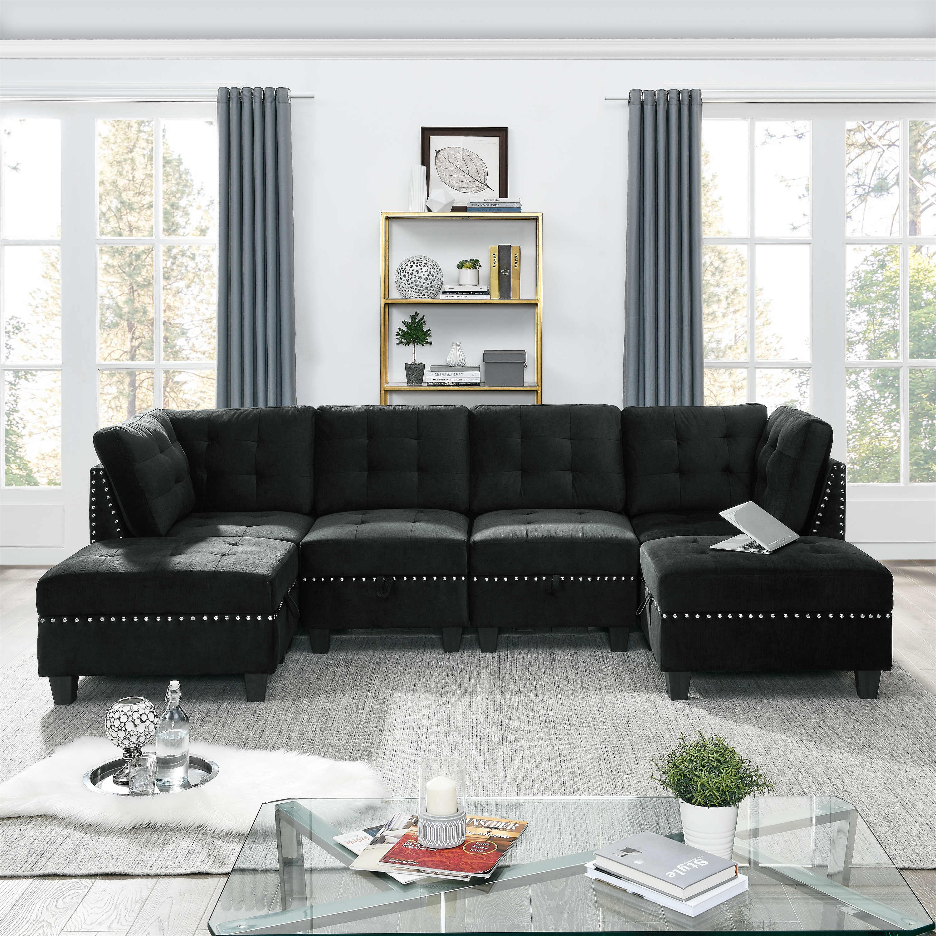 U shape Modular Sectional Sofa，DIY Combination，includes Two Single Chair ，Two Corner and Two Ottoman，Black Velvet.-Boyel Living
