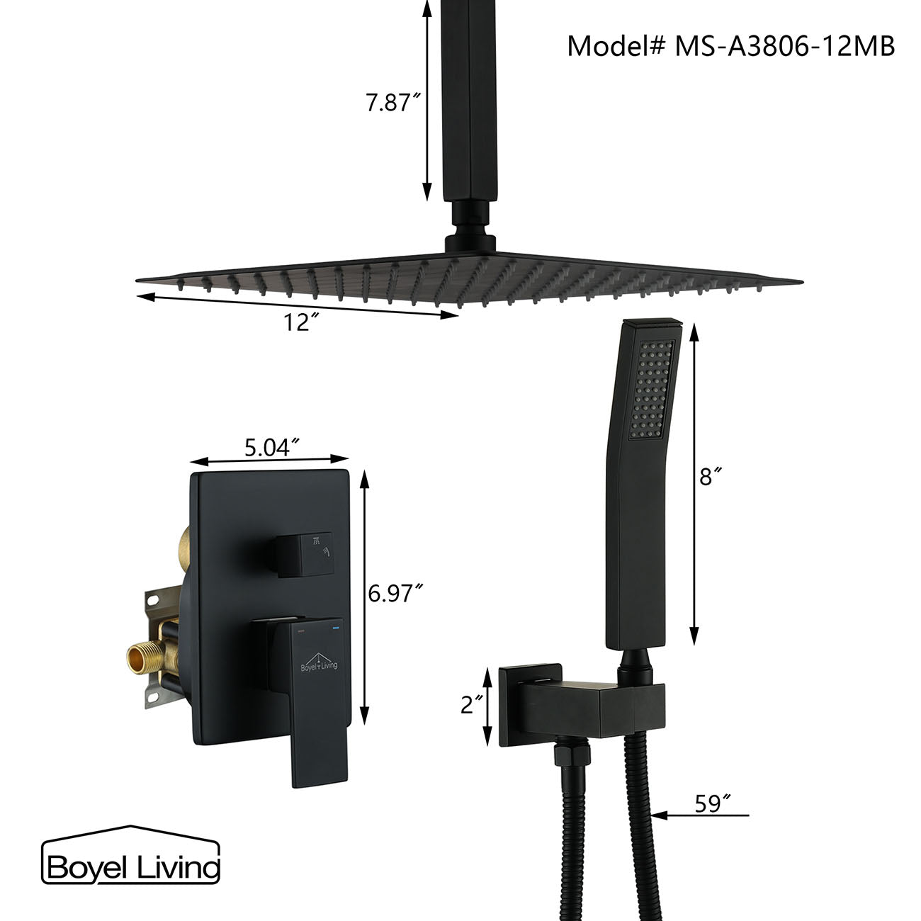 12 in. Square Rainfall Ceiling Mounted Shower System with Handheld Shower Head, Matte Black-Boyel Living