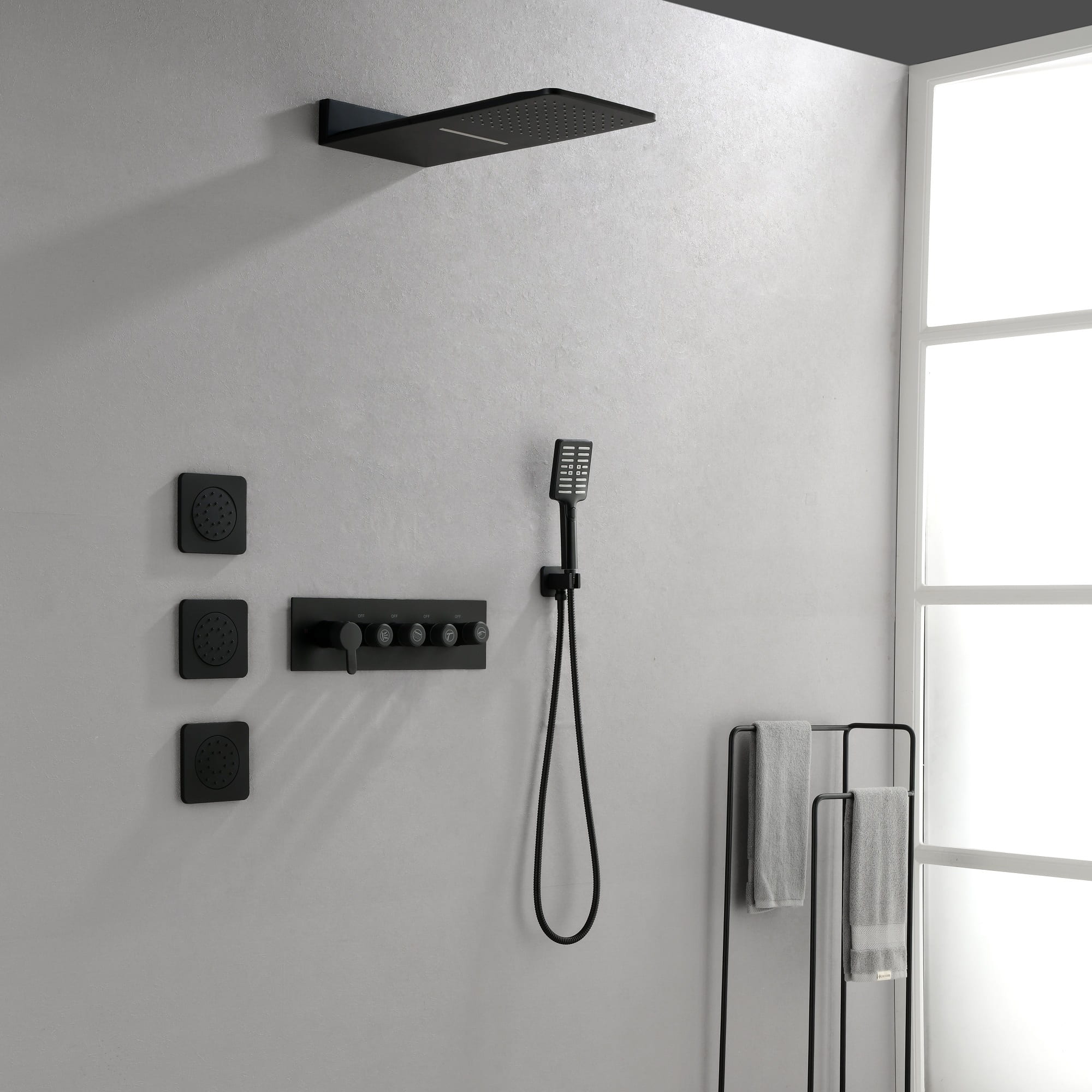 Wall Mounted Waterfall Rain Shower System With 3 Body Spray Jets & Handheld Shower in Matte Black-Boyel Living
