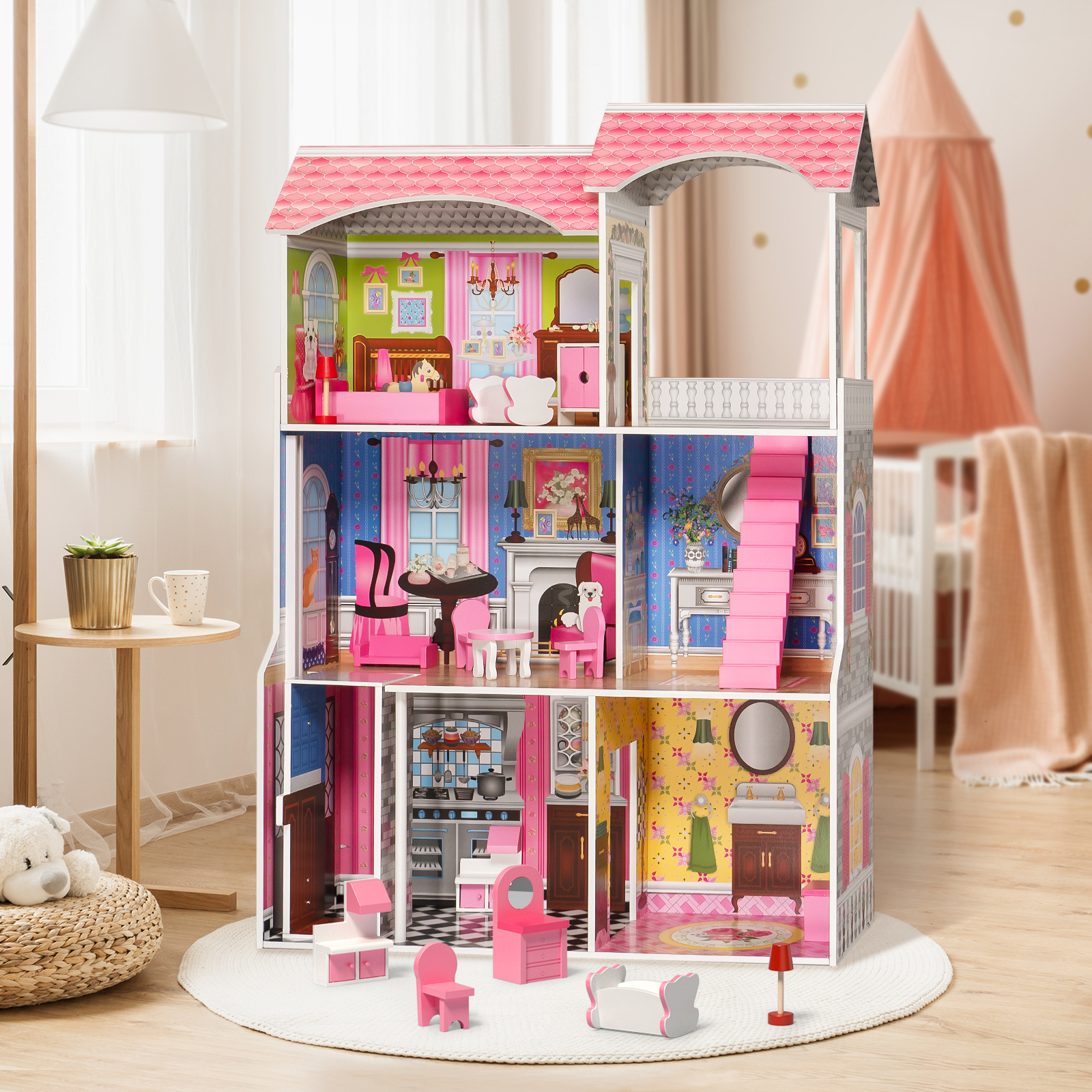 Classic Wooden Dollhouse， Pretend Play Toys for Girls  Toddlers-Boyel Living