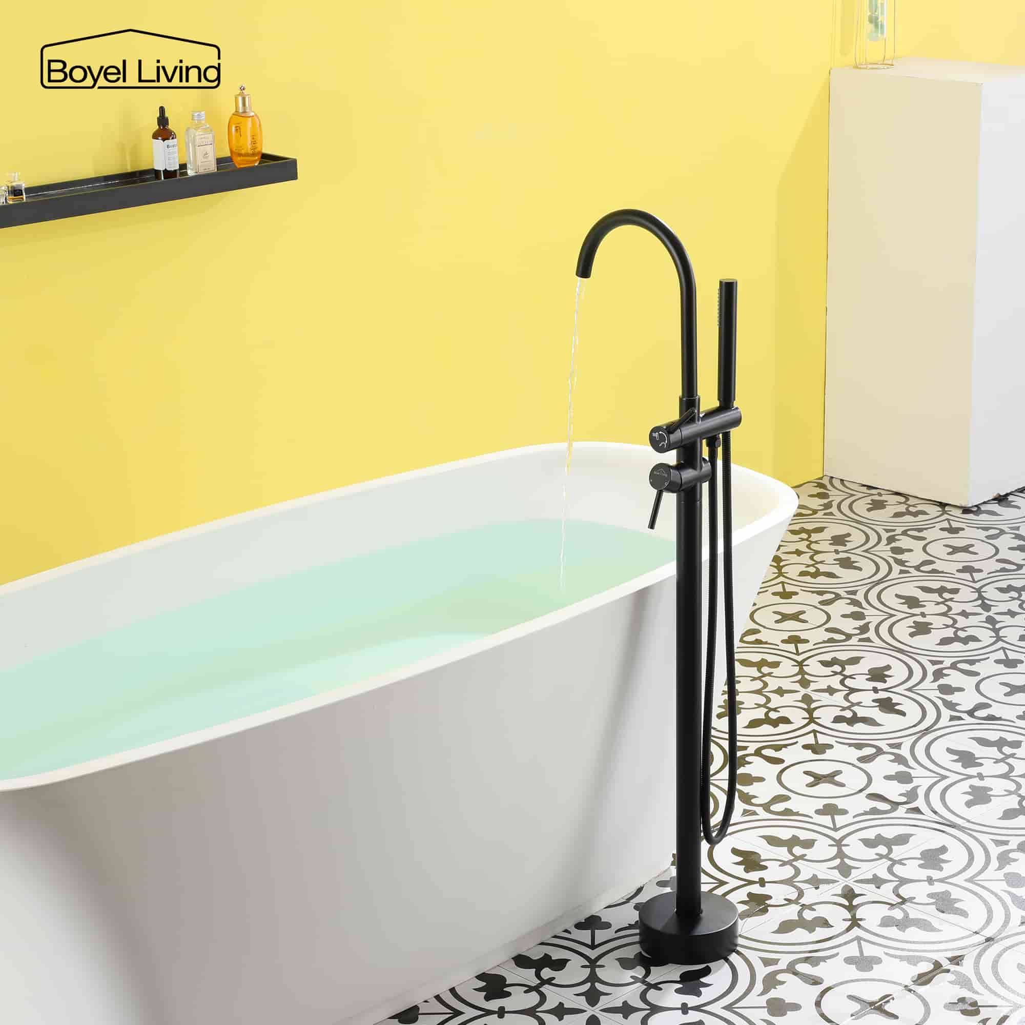 Boyel Living Freestanding Floor Mount 2-Handle Bath Tub Filler Faucet with Handheld Shower-Boyel Living