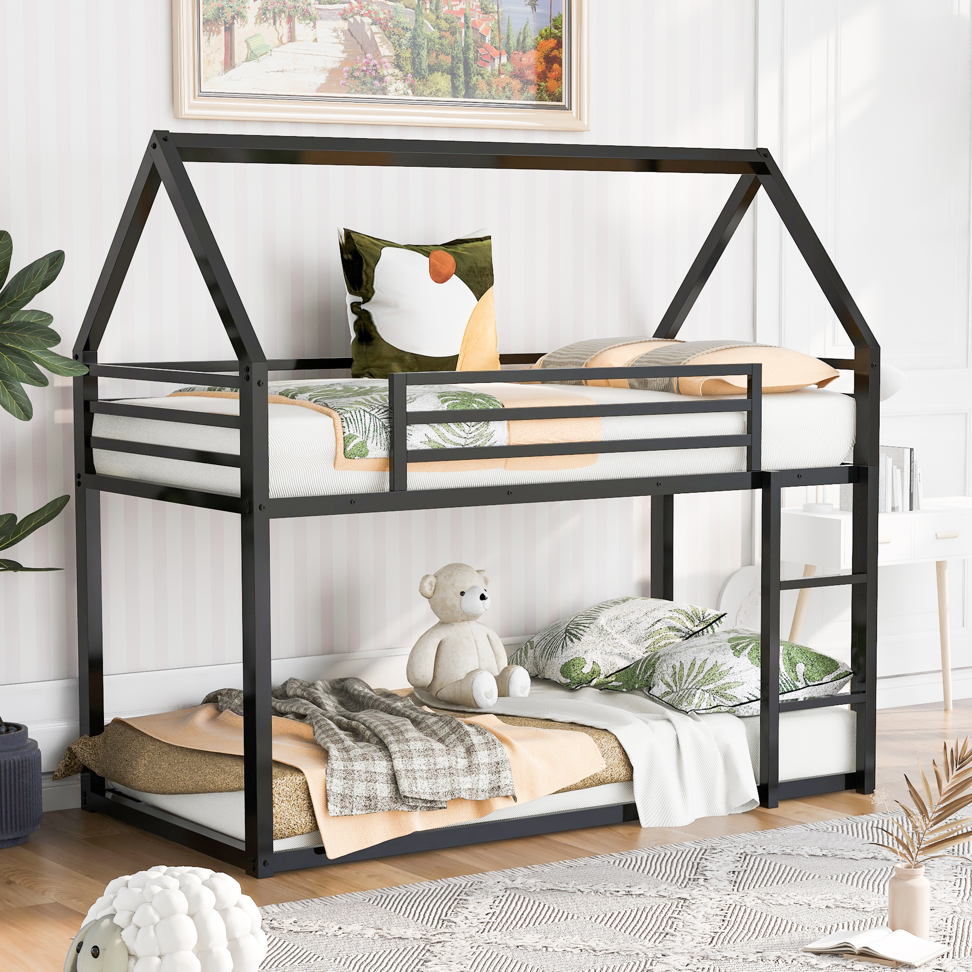 Twin over Twin House Bunk Bed with Built-in Ladder,Black(Expected Next Arrival Time:6.25)-Boyel Living