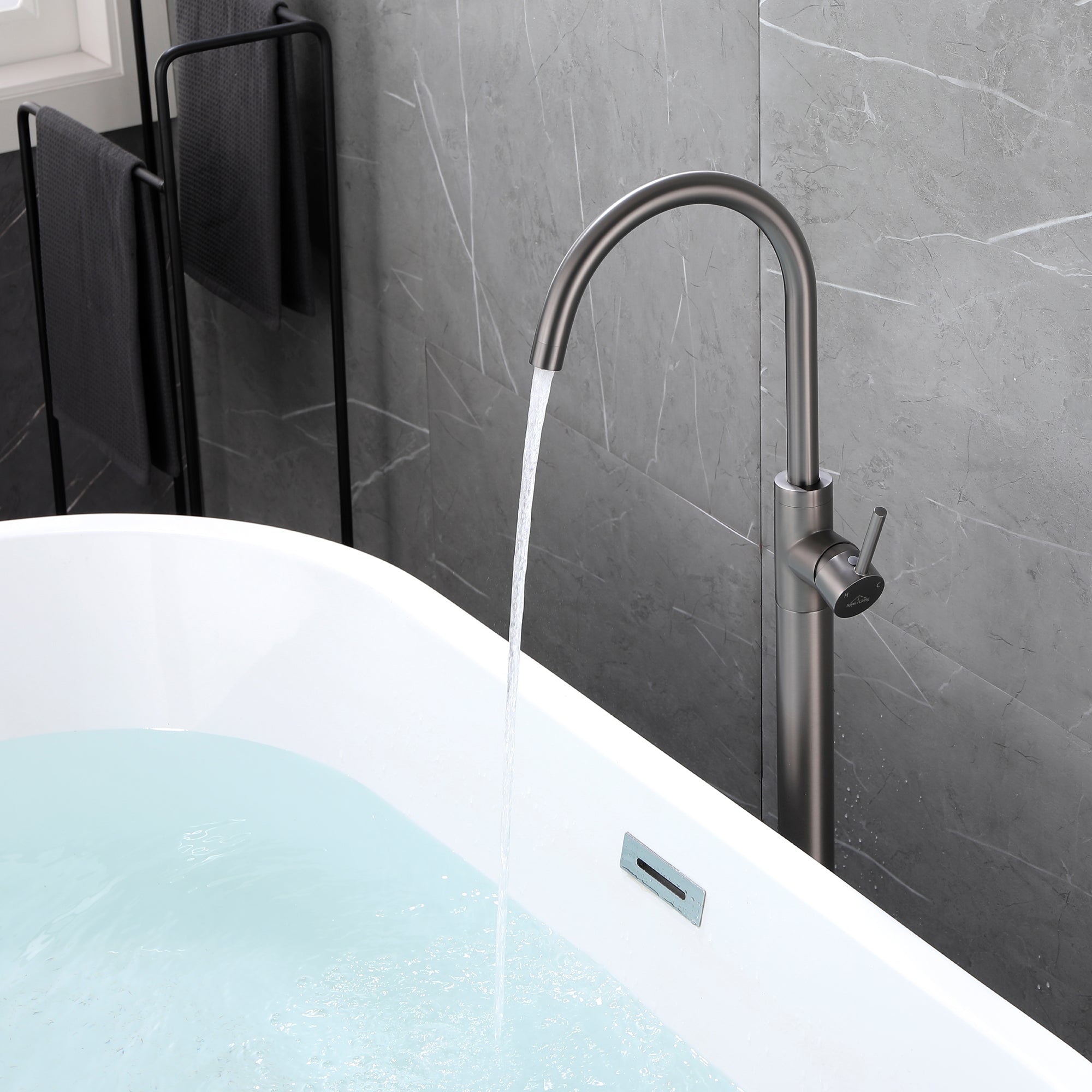 Boyel Living Freestanding Floor Mount Single Handle Bath Tub Filler Faucet with Water Supply Lines in Gunmetal Gray-Boyel Living