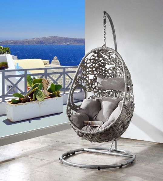 ACME Sigar Patio Hanging Chair with Stand, Light Gray Fabric  Wicker-Boyel Living