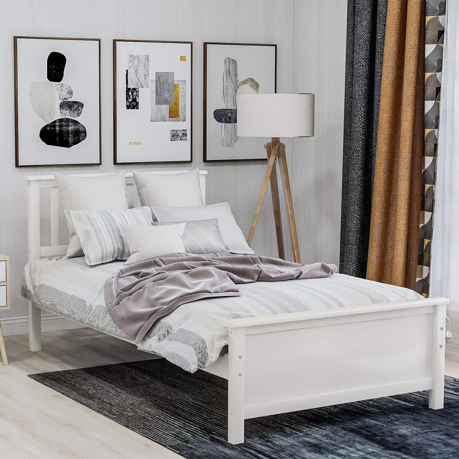 Twin Size Wood Platform Bed with Headboard,Footboard and Wood Slat Support, White-Boyel Living