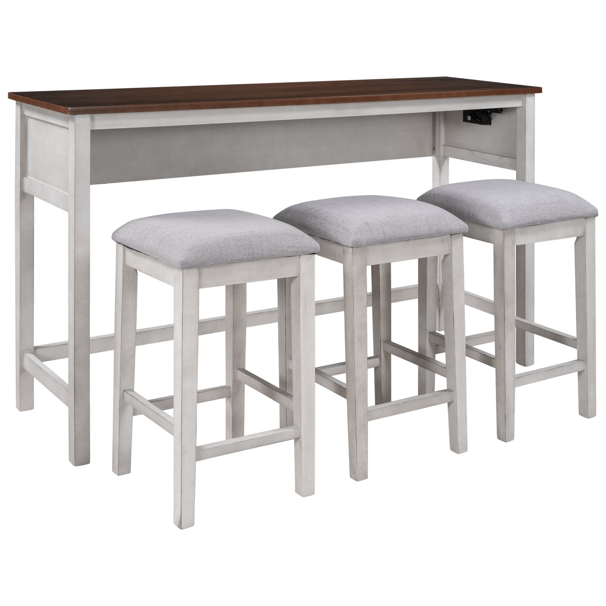 4 Pieces Counter Height Table with Fabric Padded Stools,Rustic Bar Dining Set with Socket,Cherry Top +Distressed White Body-Boyel Living